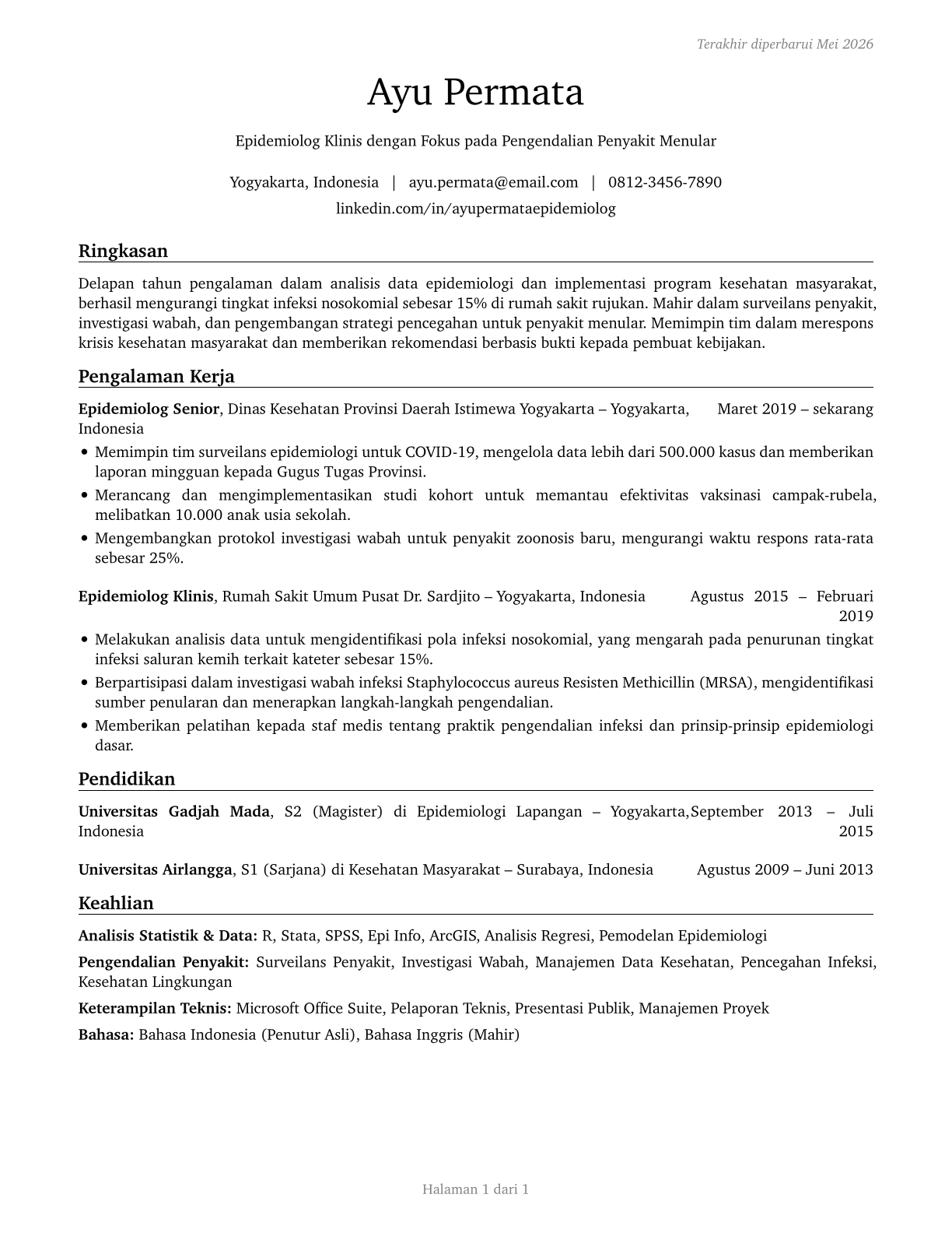 Epidemiologists CV in Indonesian — page 1