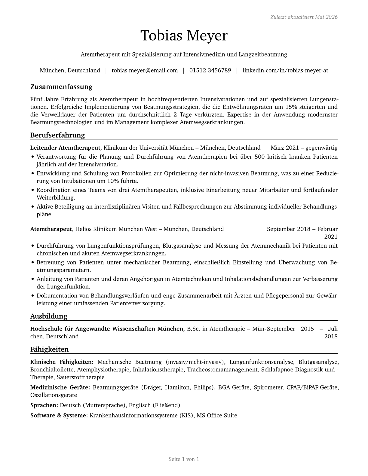 Respiratory Therapists CV in German — page 1
