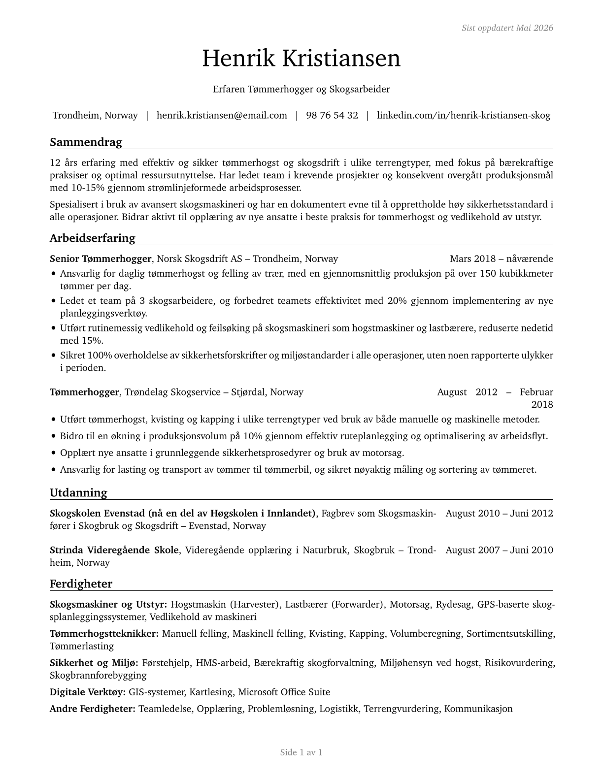 Logging Workers, All Other CV in Norwegian_bokmal — page 1