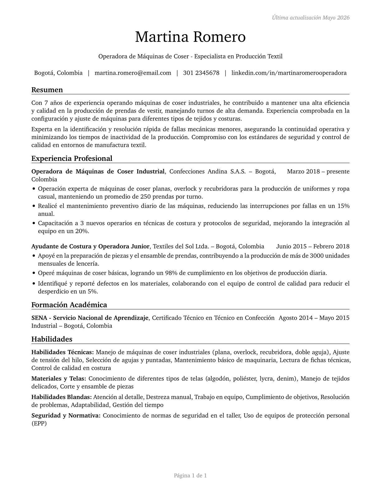 Sewing Machine Operators CV in Spanish — page 1