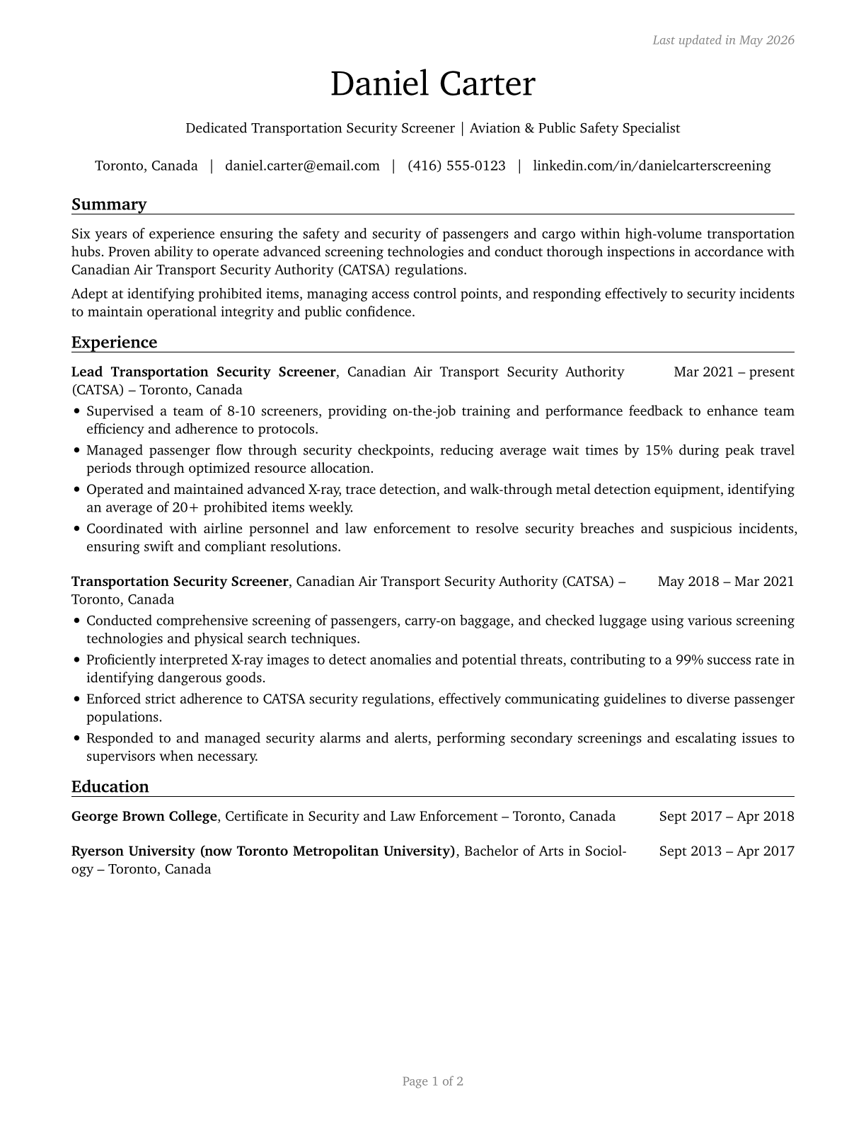 Transportation Security Screeners CV in English — page 1