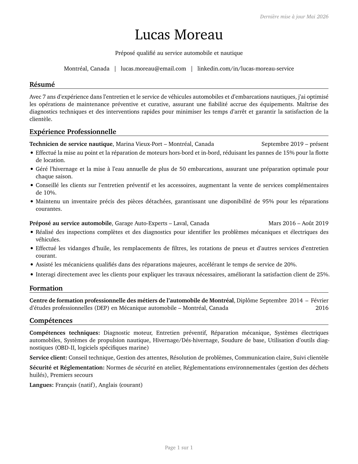 Automotive and Watercraft Service Attendants CV in French — page 1