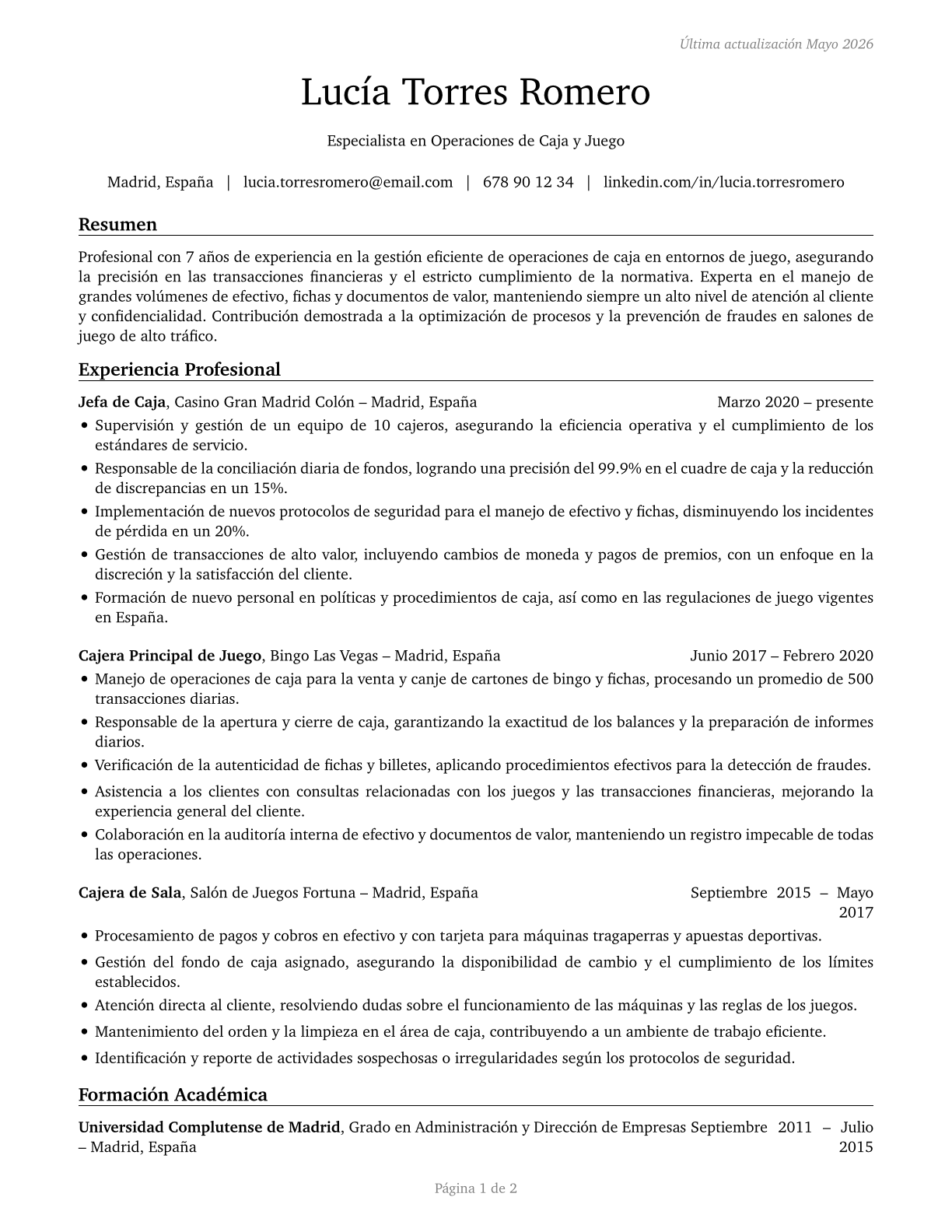 Gambling Cage Workers CV in Spanish — page 1