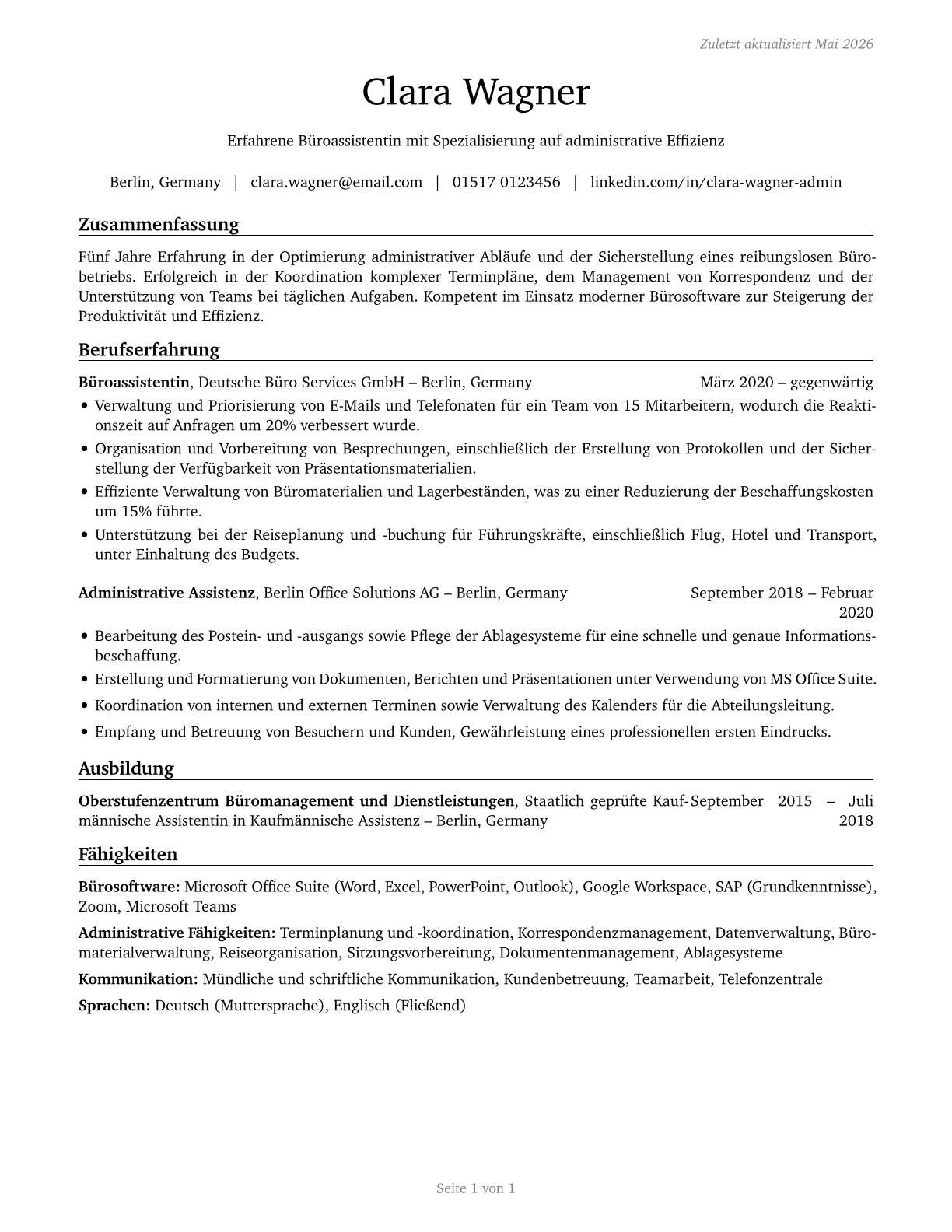 Secretaries and Administrative Assistants, Except Legal, Medical, and Executive CV in German — page 1