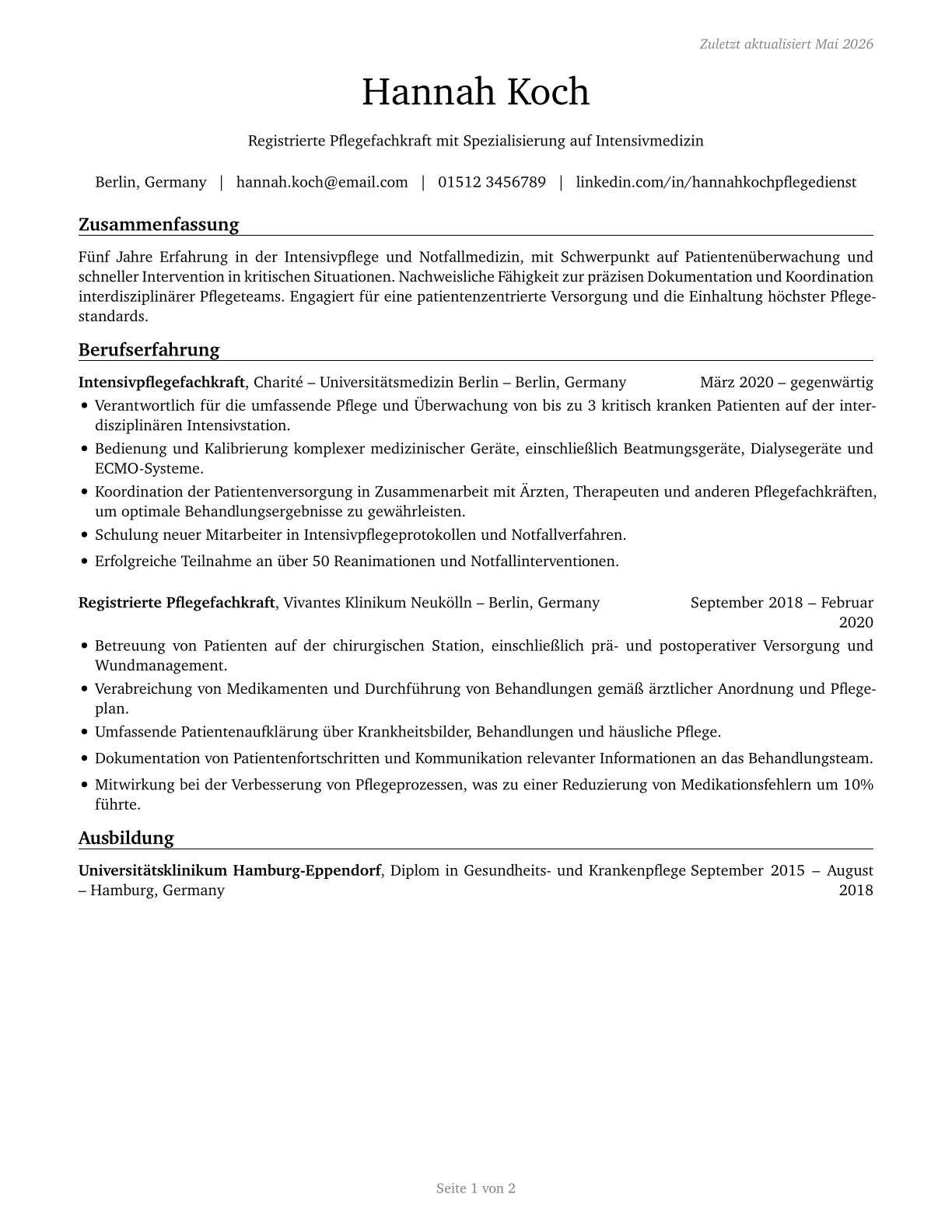 Registered Nurses CV in German — page 1
