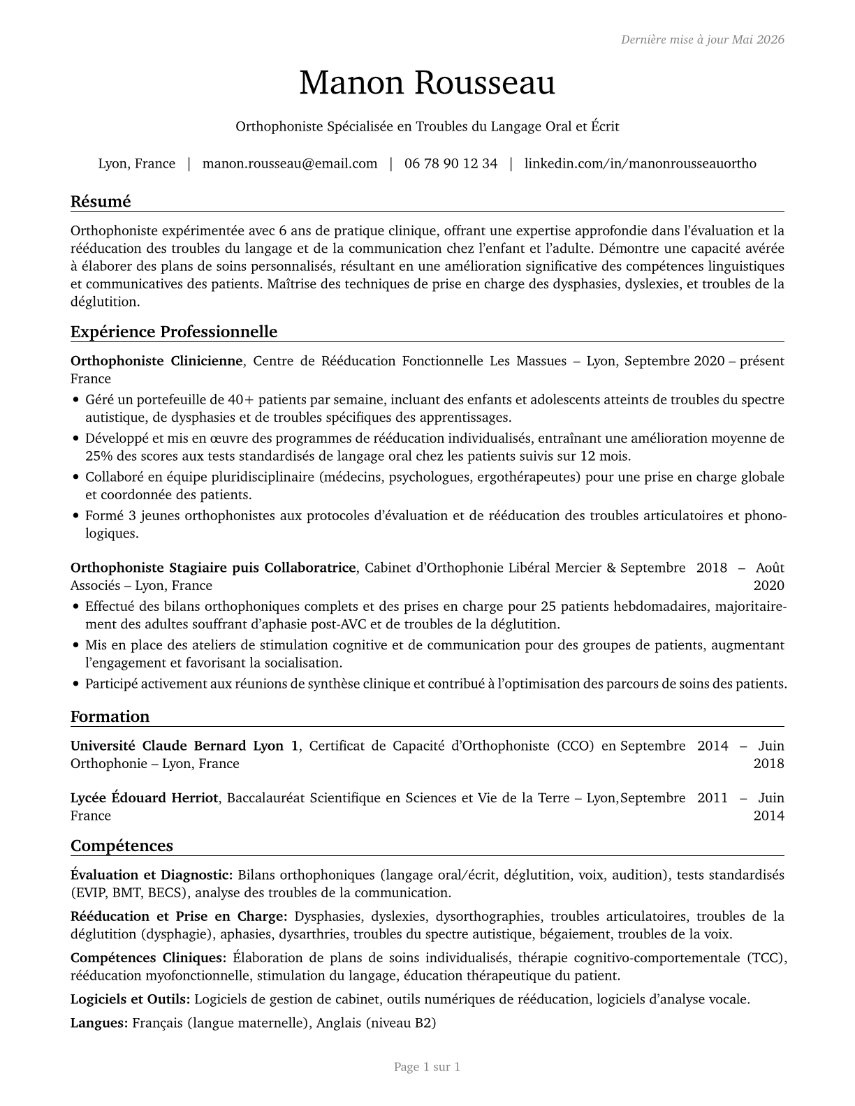 Speech-Language Pathologists CV in French — page 1