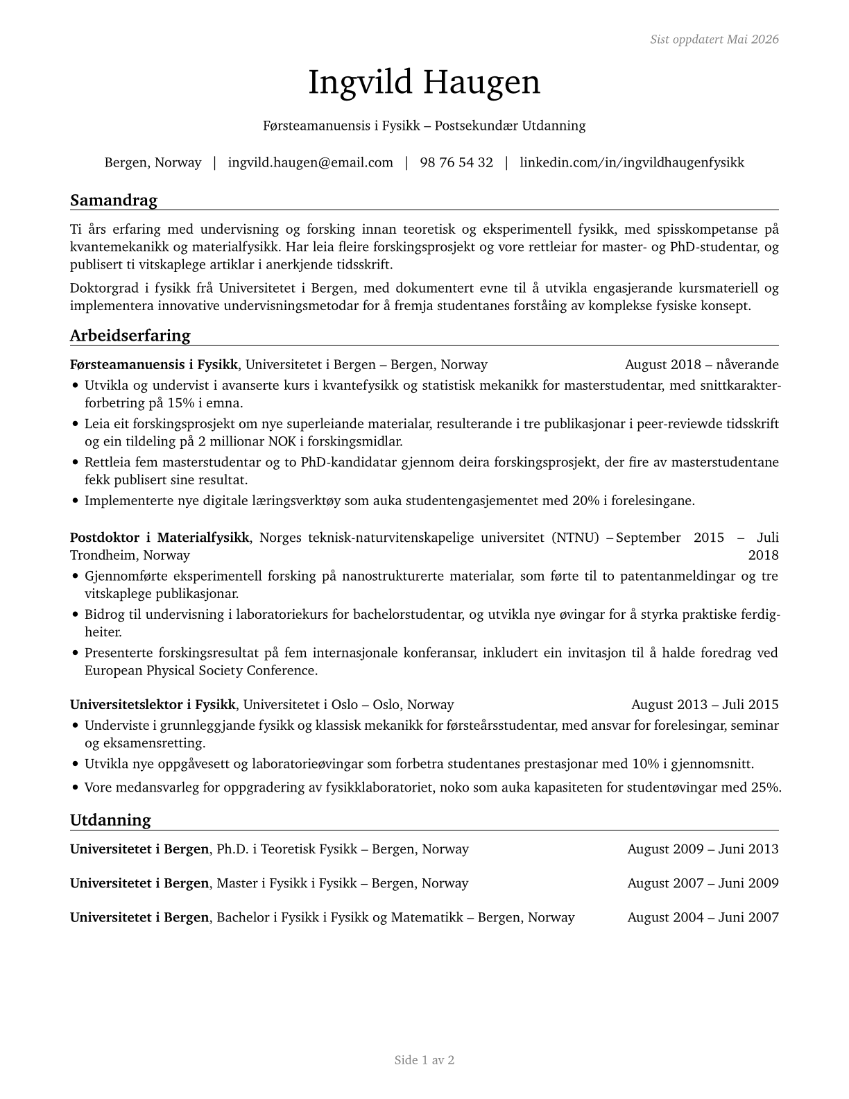 Physics Teachers, Postsecondary CV in Norwegian_nynorsk — page 1