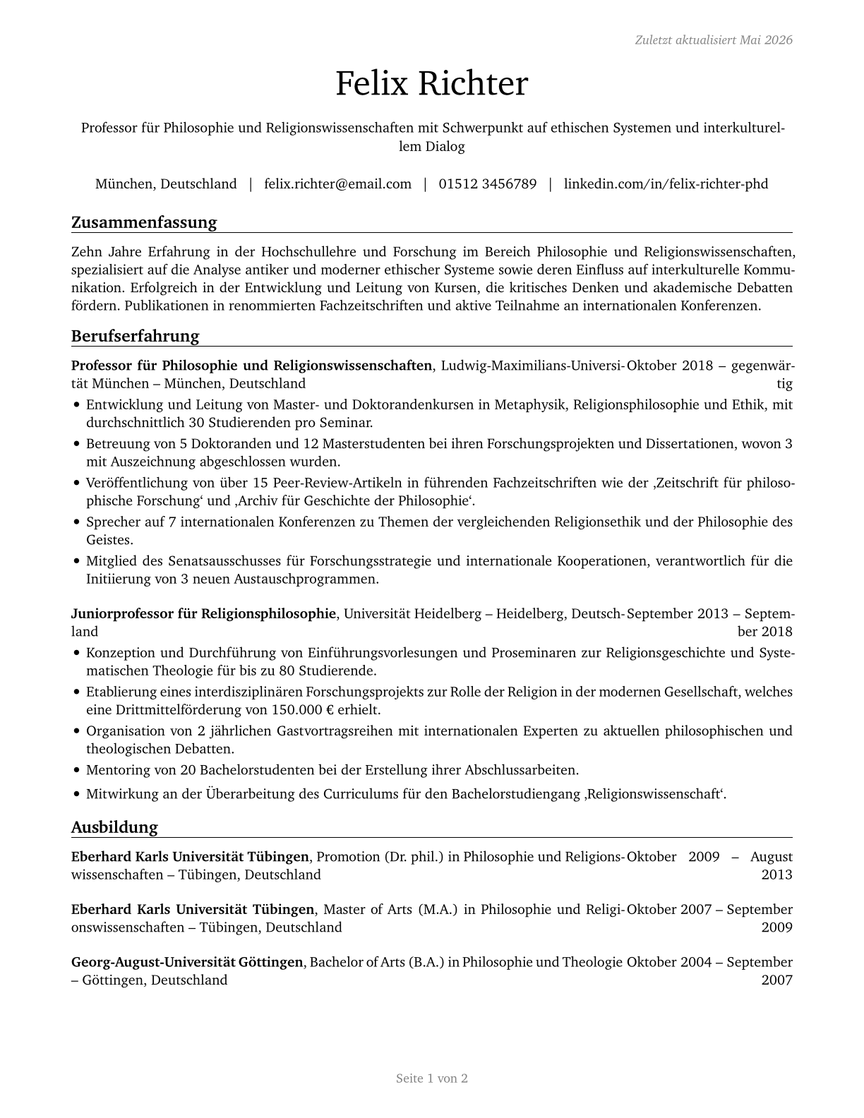 Philosophy and Religion Teachers, Postsecondary CV in German — page 1