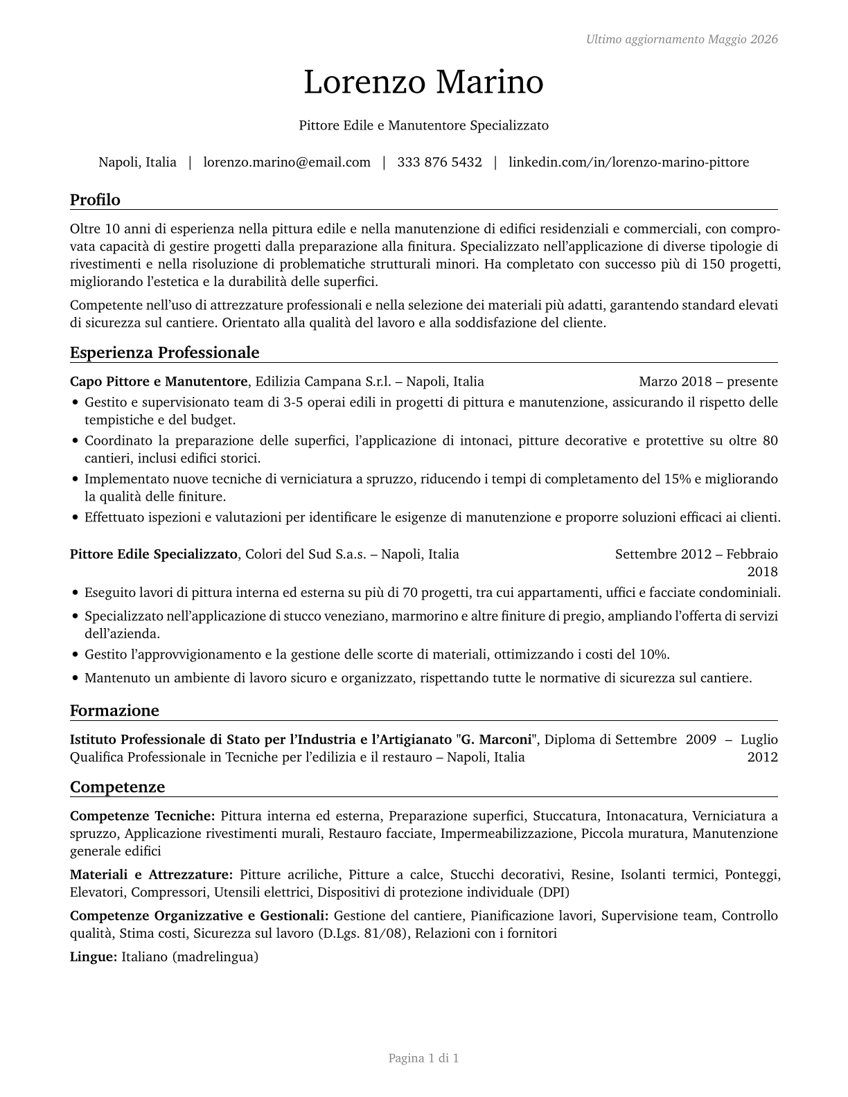 Painters, Construction and Maintenance CV in Italian — page 1