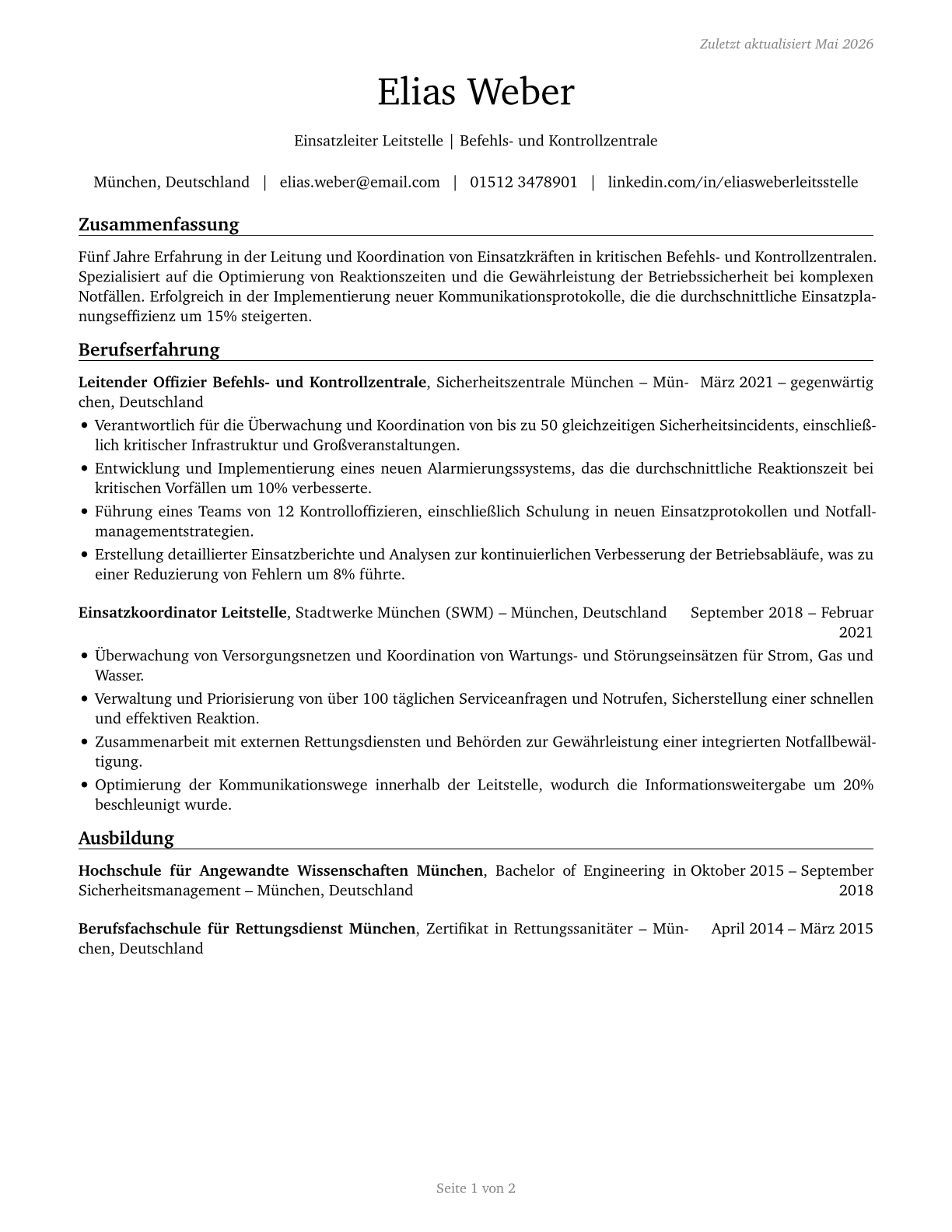Command and Control Center Officers CV in German — page 1