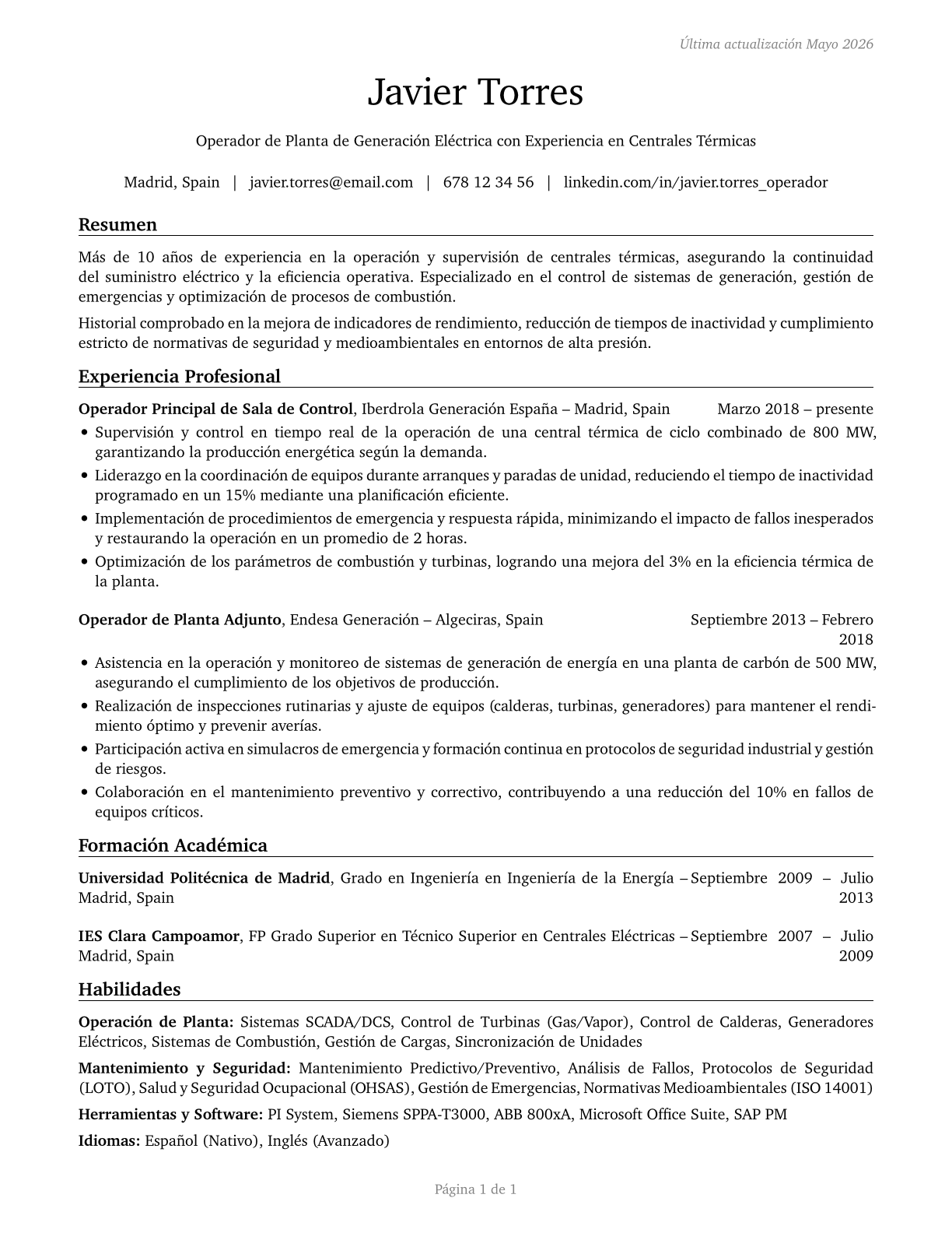 Power Plant Operators CV in Spanish — page 1