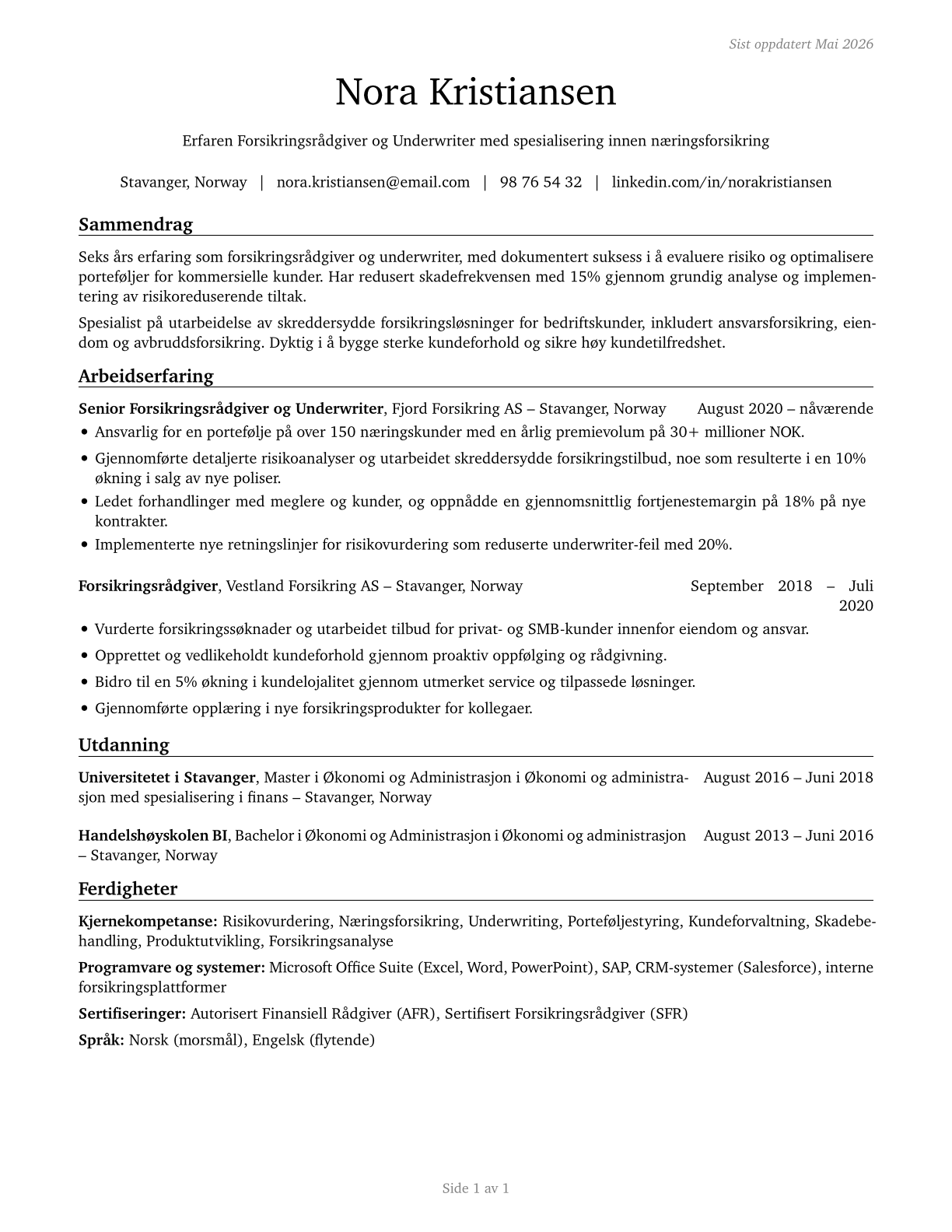 Insurance Underwriters CV in Norwegian_bokmal — page 1