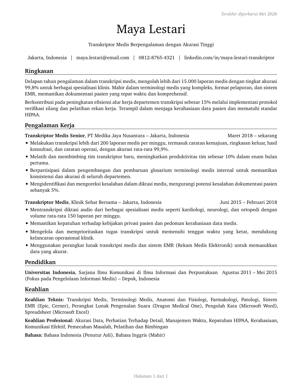 Medical Transcriptionists CV in Indonesian — page 1