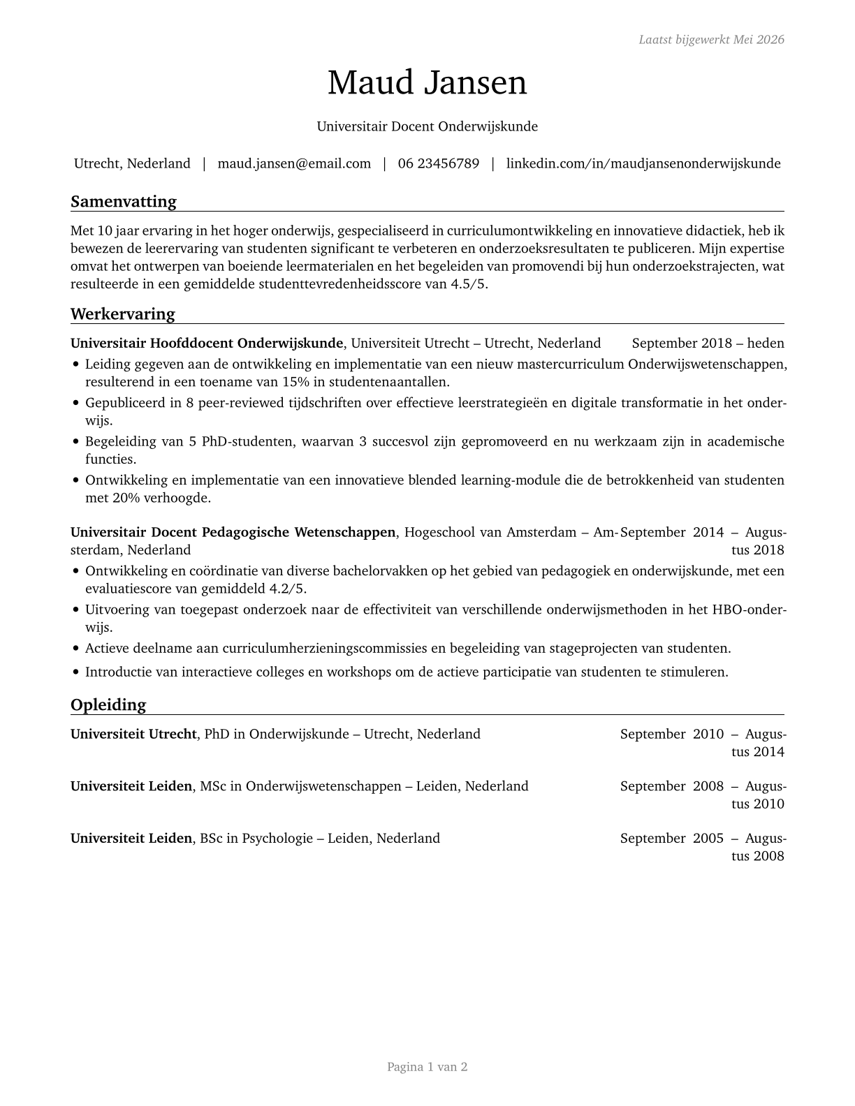 Education Teachers, Postsecondary CV in Dutch — page 1