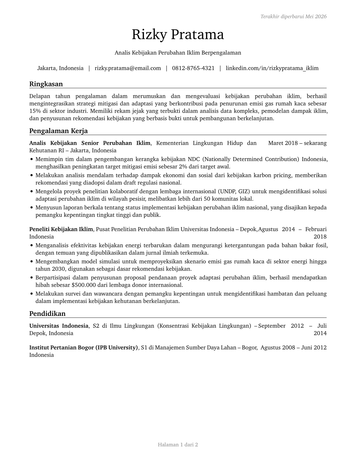 Climate Change Policy Analysts CV in Indonesian — page 1