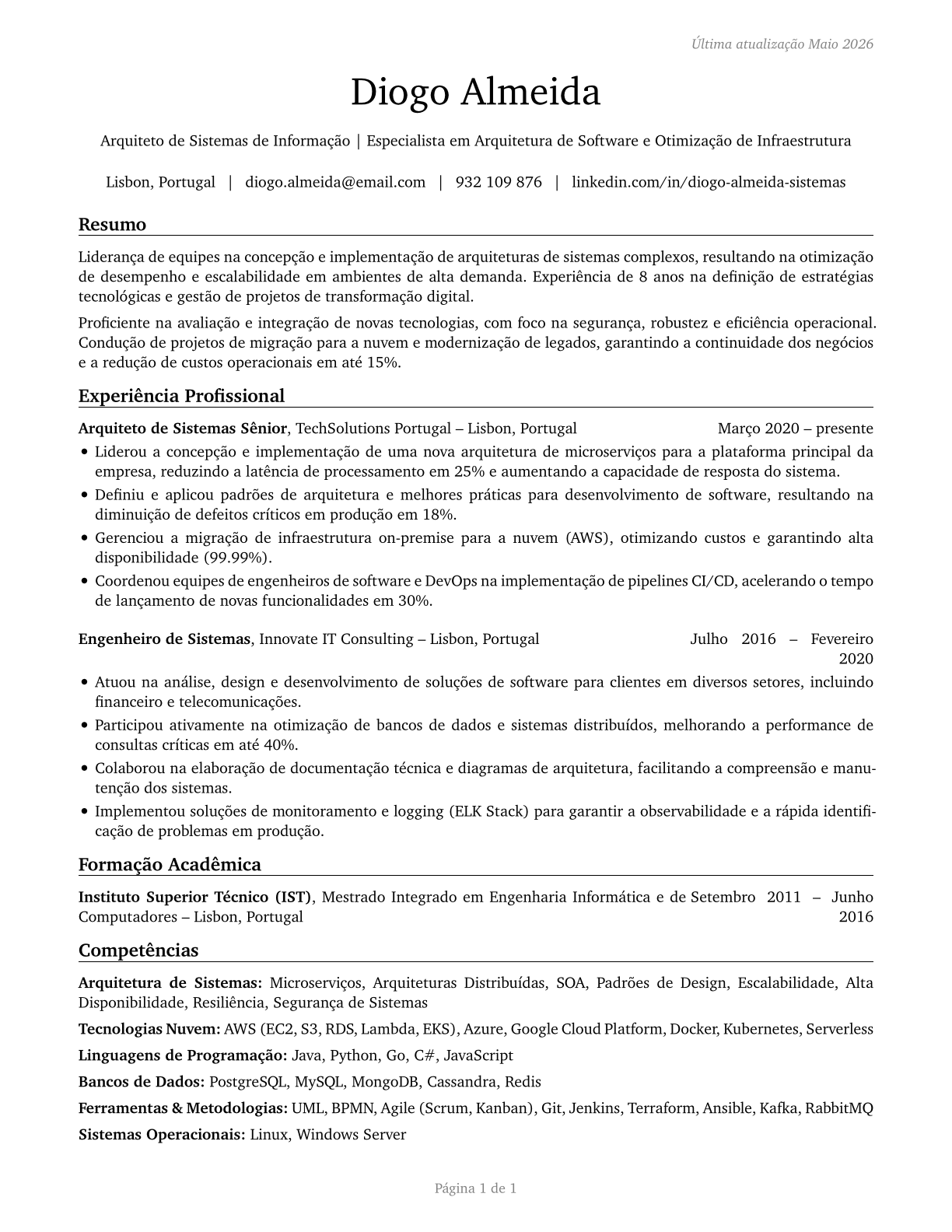 Computer Systems Engineers/Architects CV in Portuguese — page 1