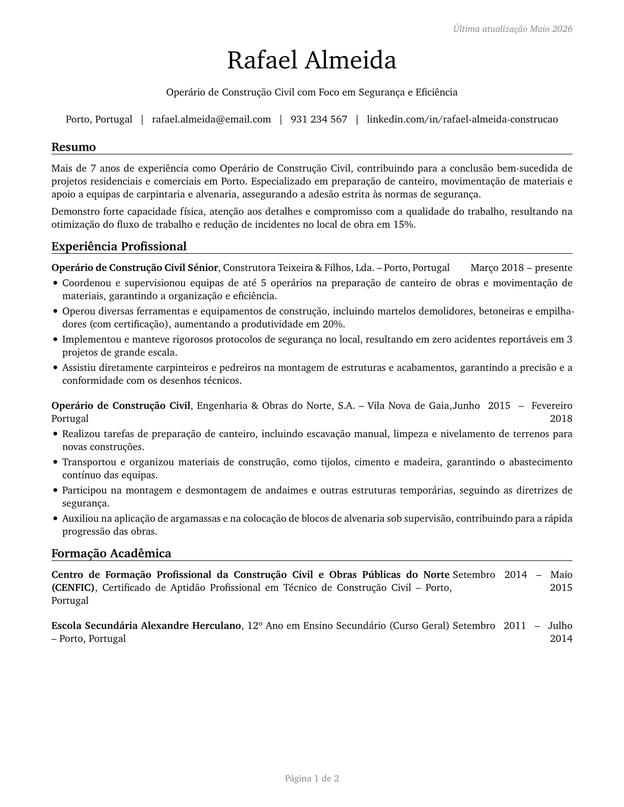 Construction Laborers CV in Portuguese — page 1