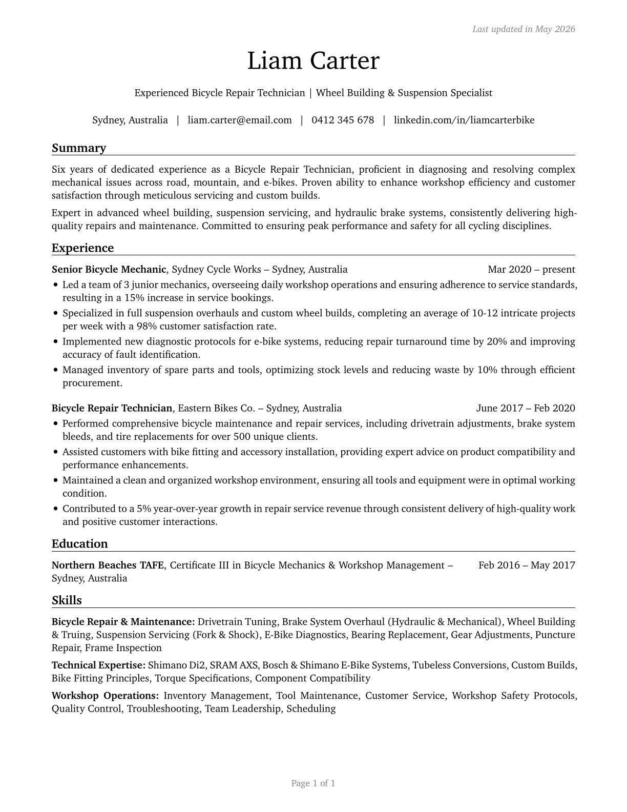 Bicycle Repairers CV in English — page 1