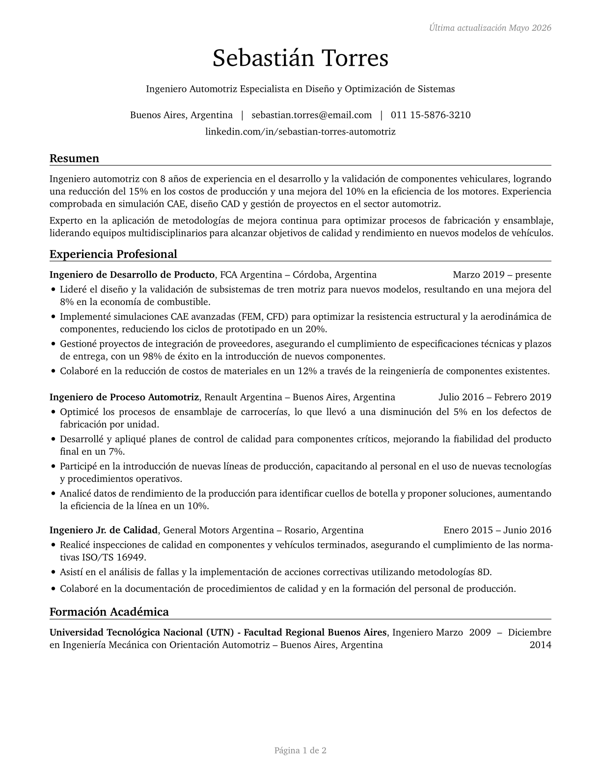 Automotive Engineers CV in Spanish — page 1