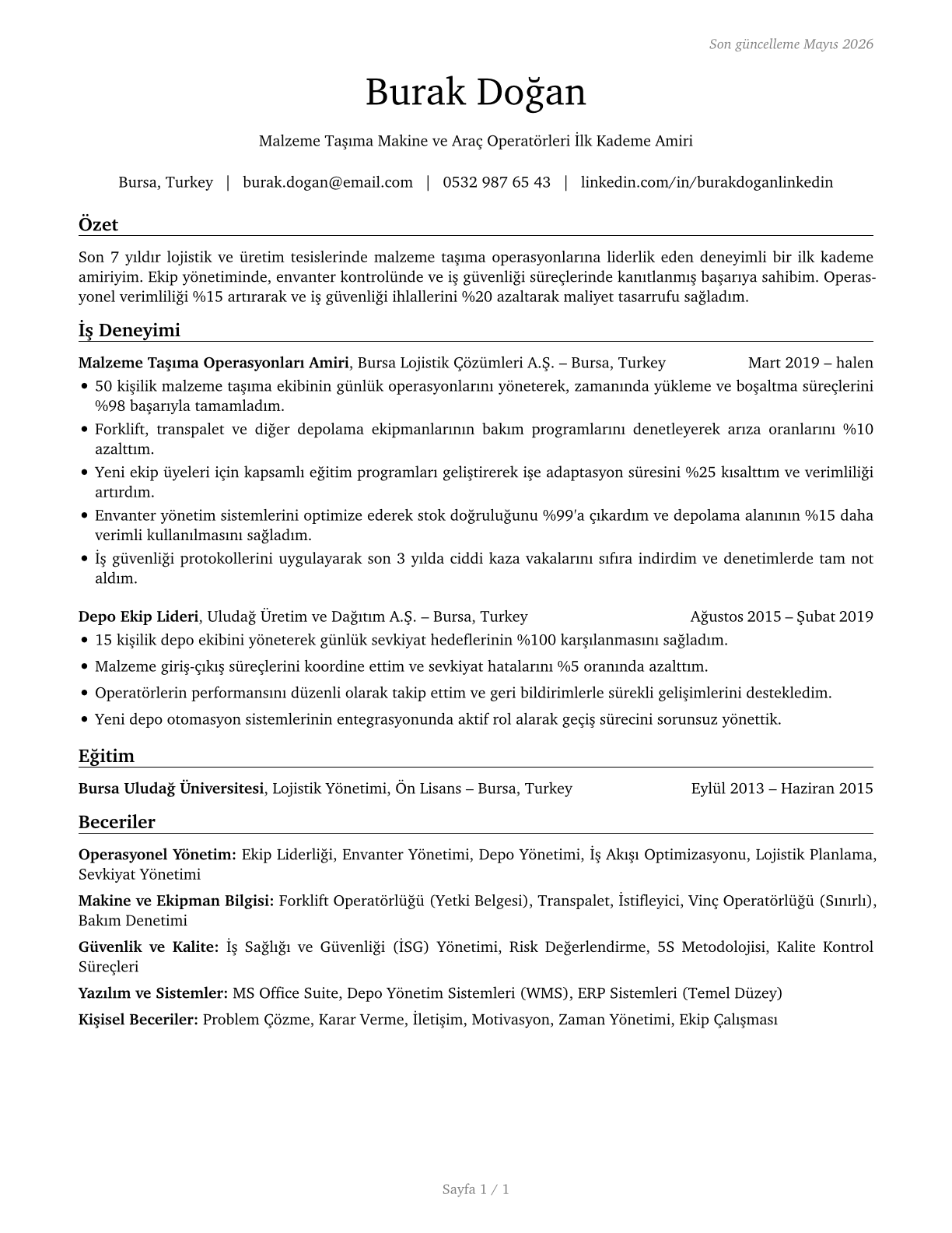 First-Line Supervisors of Material-Moving Machine and Vehicle Operators CV in Turkish — page 1