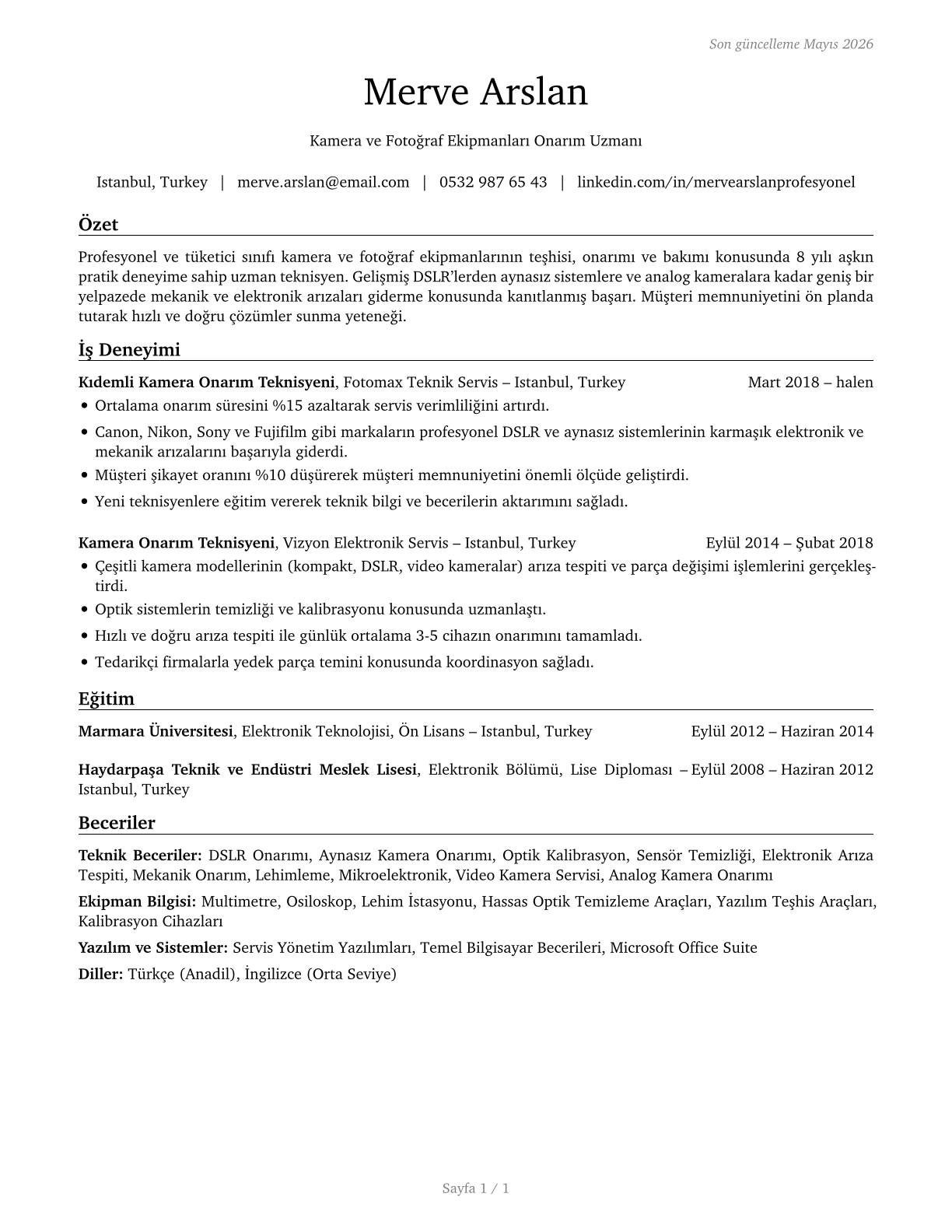 Camera and Photographic Equipment Repairers CV in Turkish — page 1