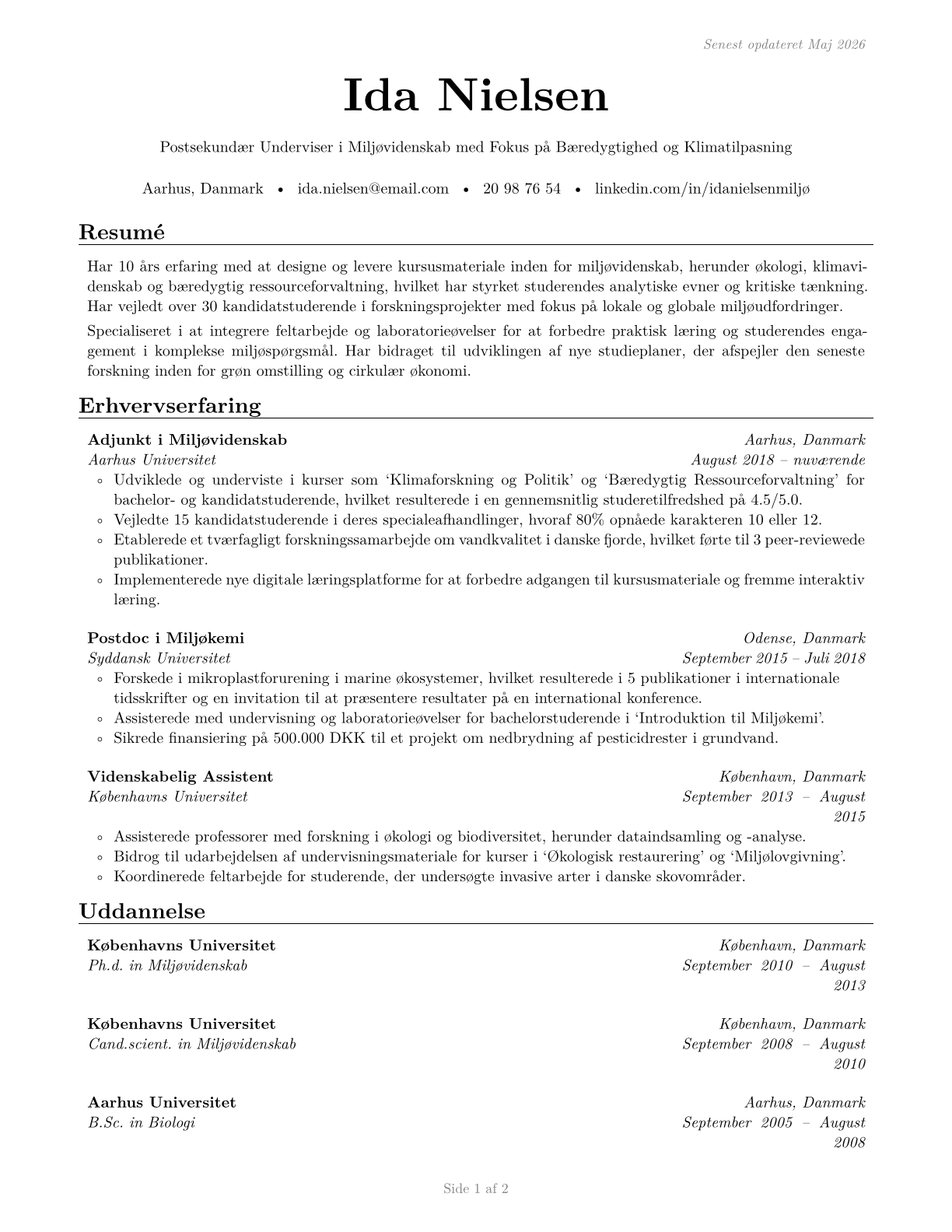 Environmental Science Teachers, Postsecondary CV in Danish — page 1