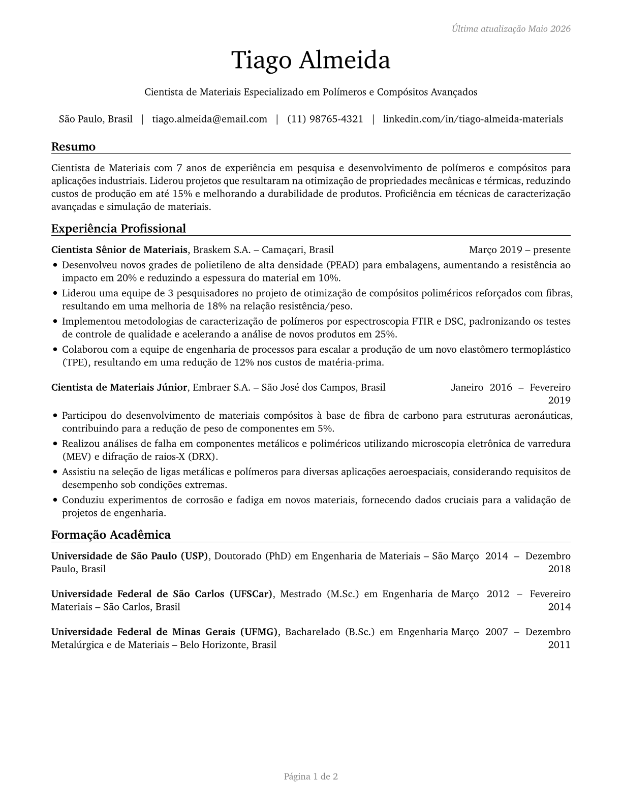 Materials Scientists CV in Portuguese — page 1