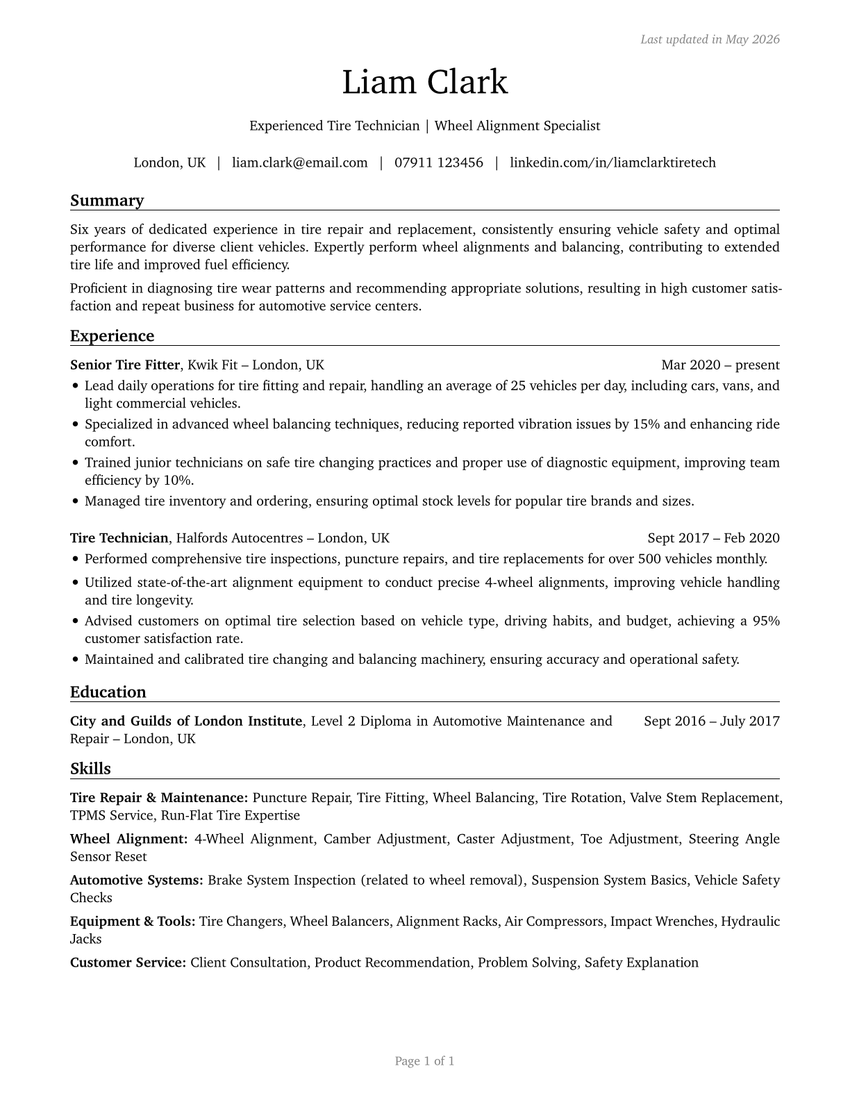 Tire Repairers and Changers CV in English — page 1
