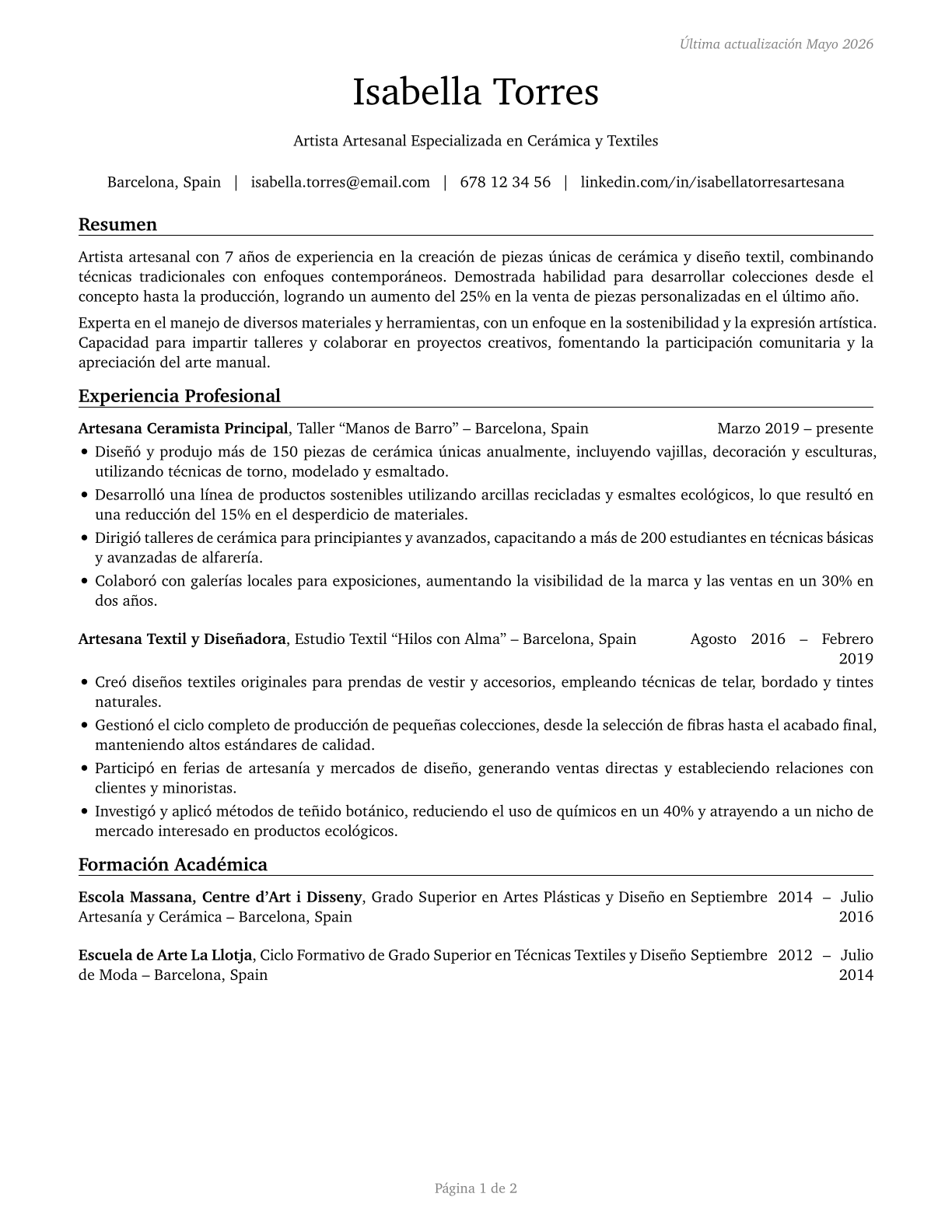 Craft Artists CV in Spanish — page 1