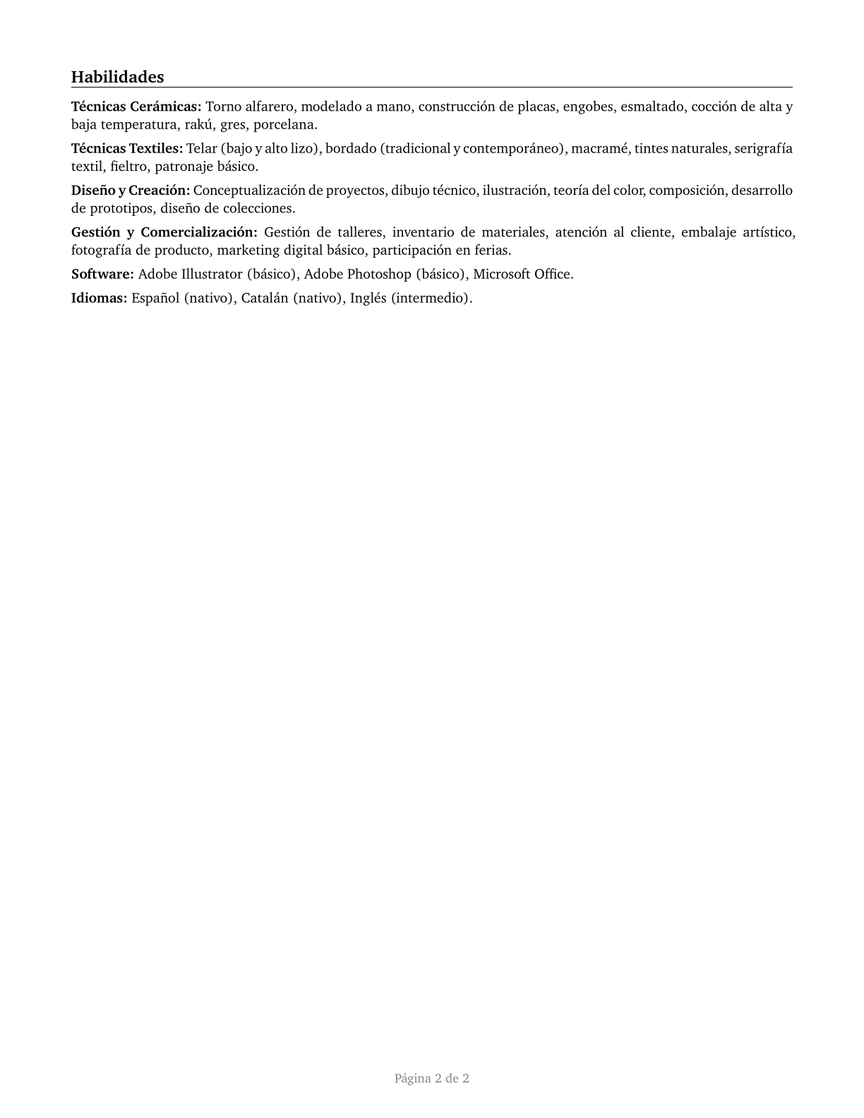 Craft Artists CV in Spanish — page 2