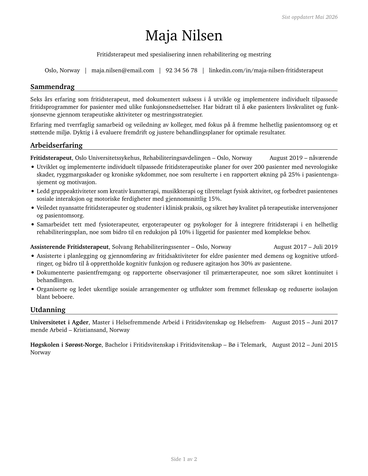 Recreational Therapists CV in Norwegian_bokmal — page 1