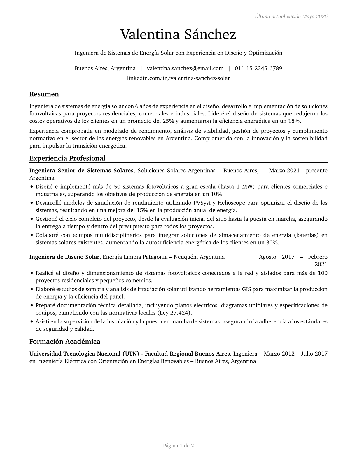 Solar Energy Systems Engineers CV in Spanish — page 1