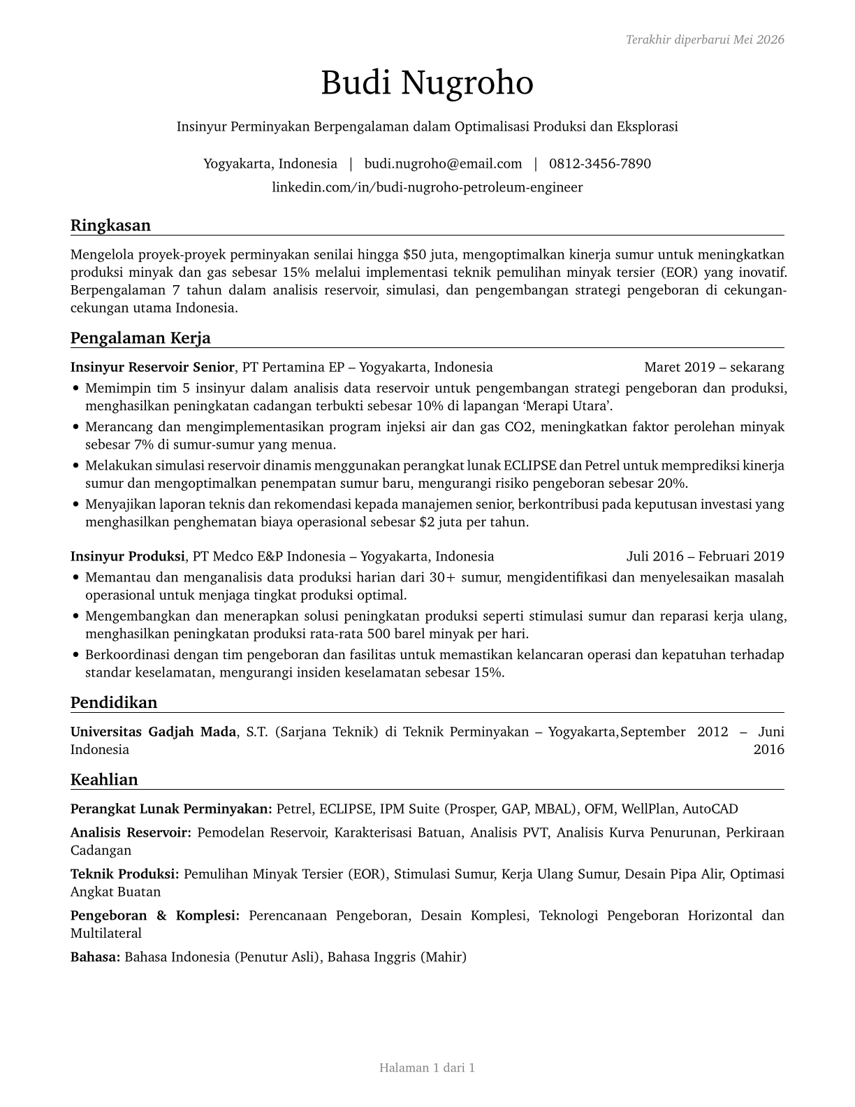 Petroleum Engineers CV in Indonesian — page 1
