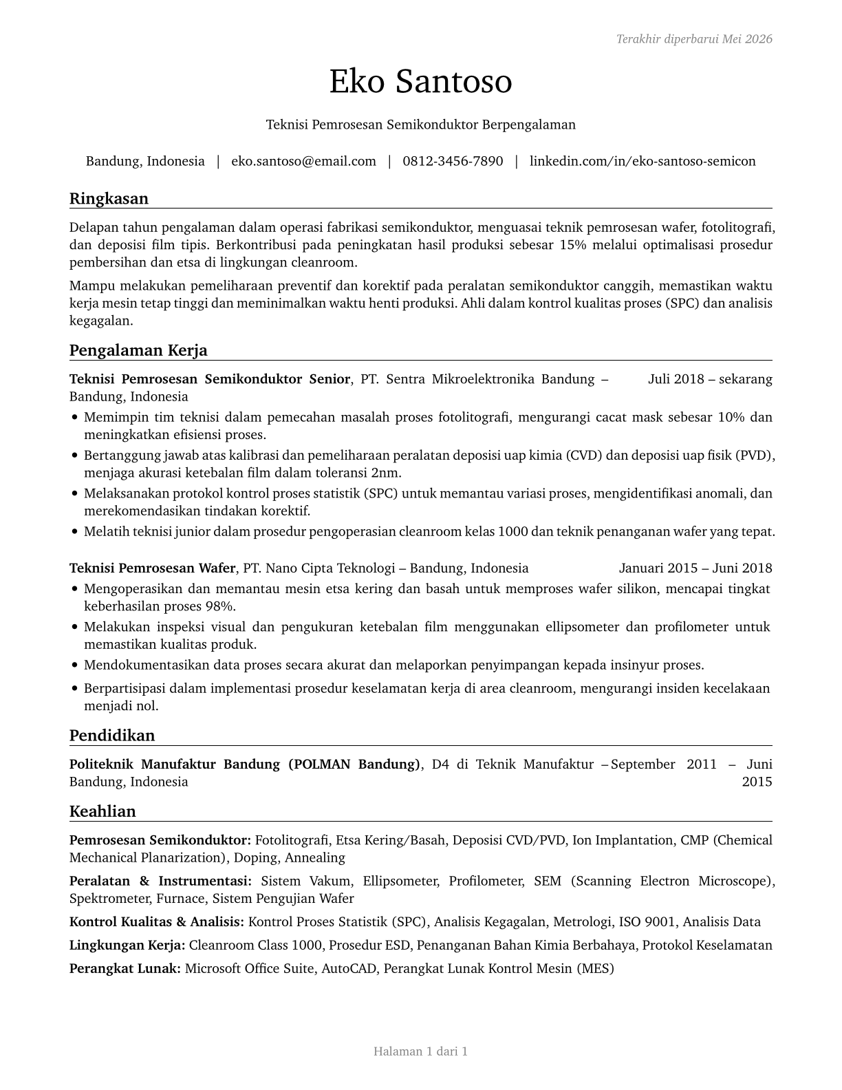 Semiconductor Processing Technicians CV in Indonesian — page 1