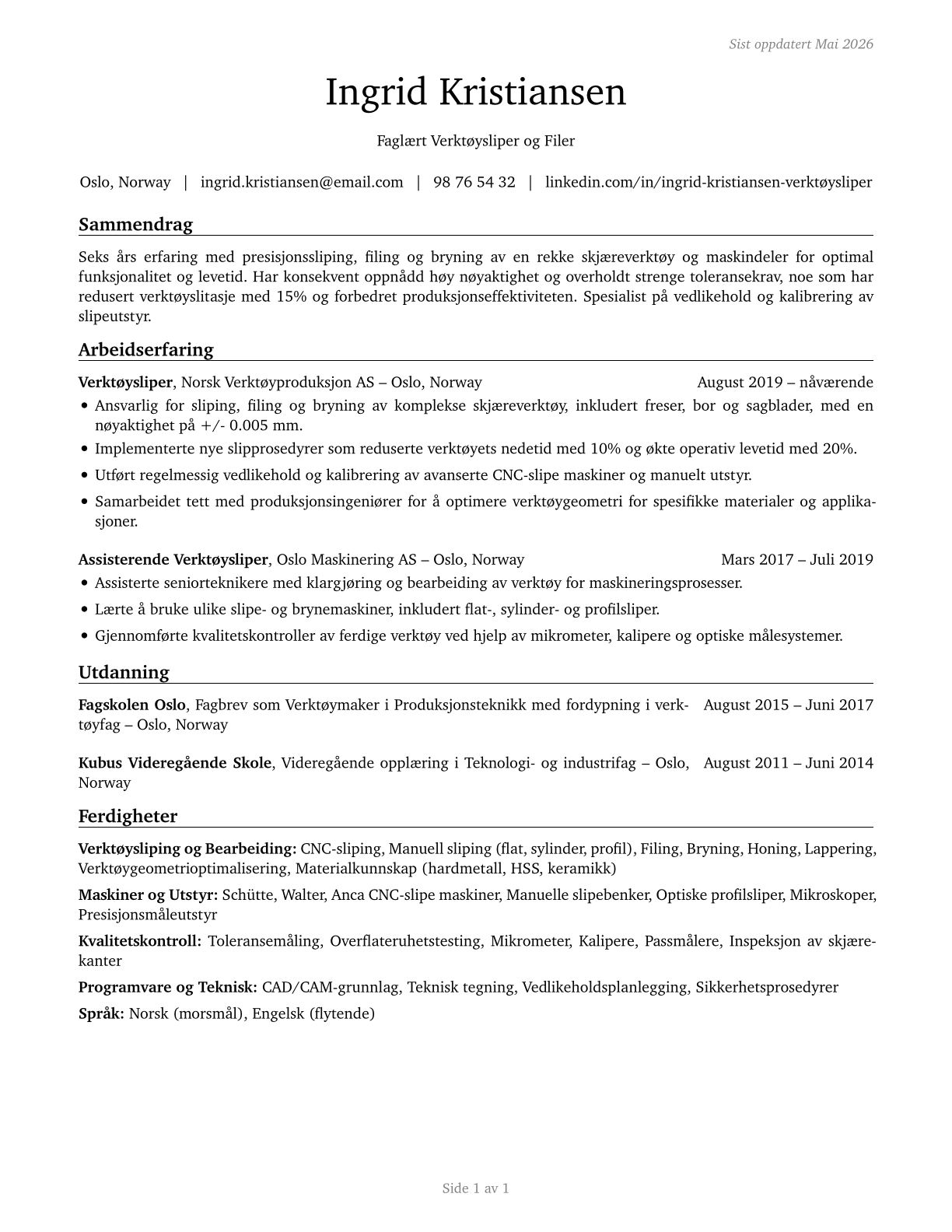 Tool Grinders, Filers, and Sharpeners CV in Norwegian_bokmal — page 1
