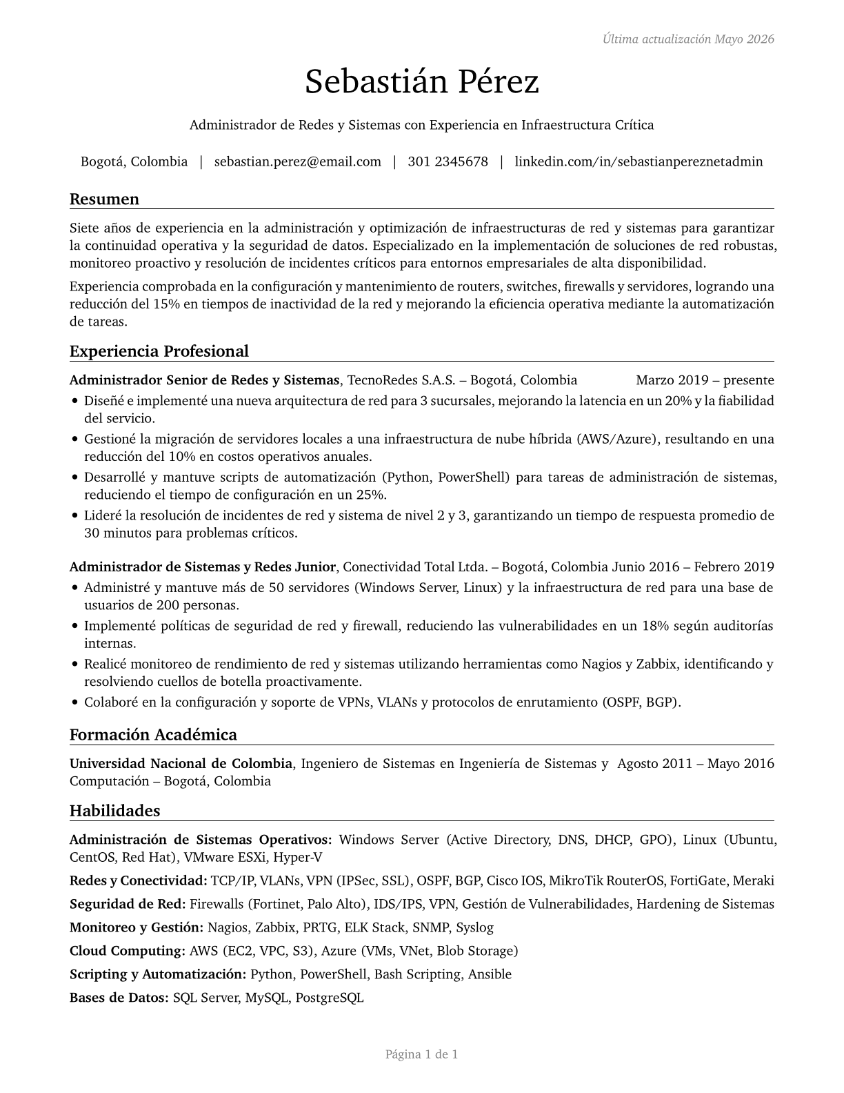 Network and Computer Systems Administrators CV in Spanish — page 1