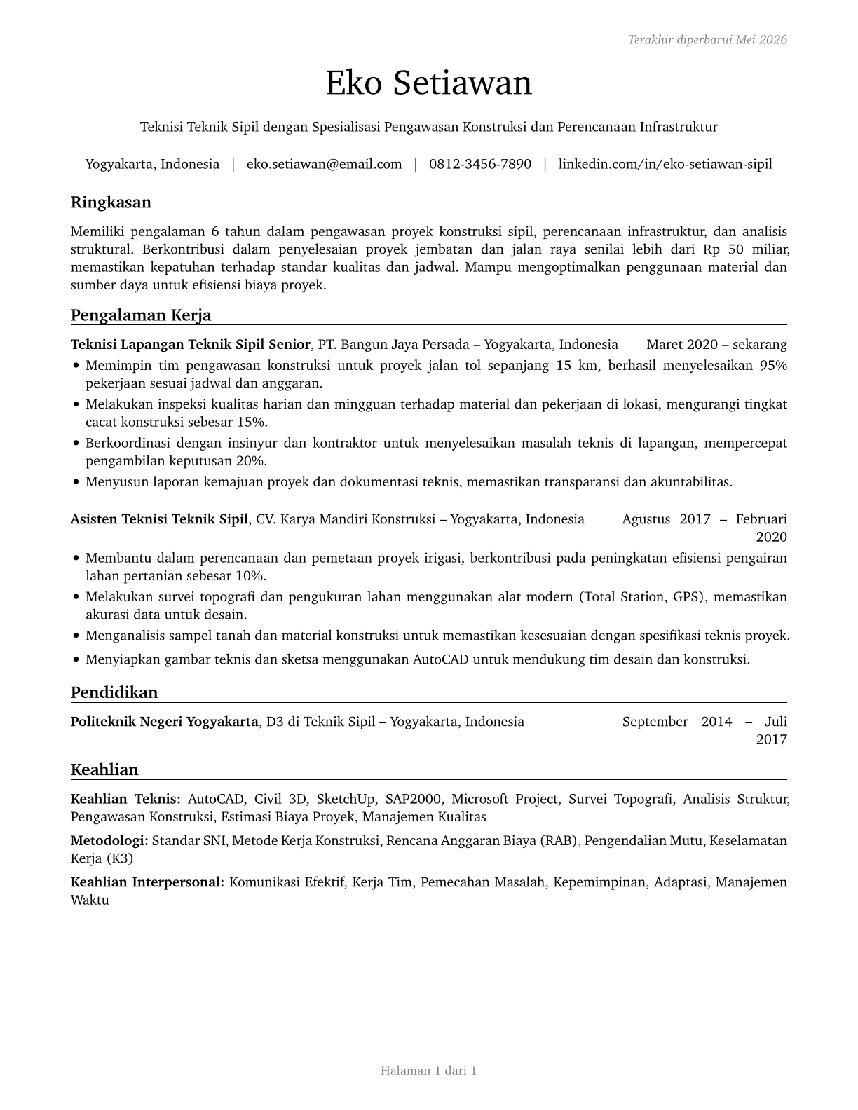 Civil Engineering Technologists and Technicians CV in Indonesian — page 1