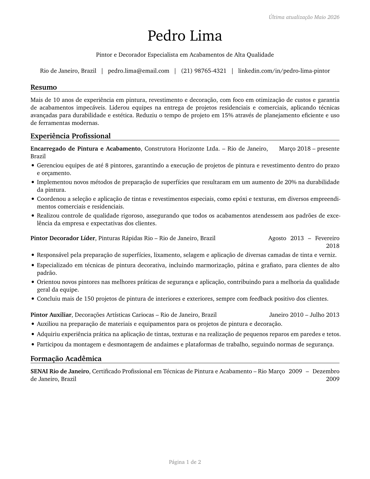 Painting, Coating, and Decorating Workers CV in Portuguese — page 1