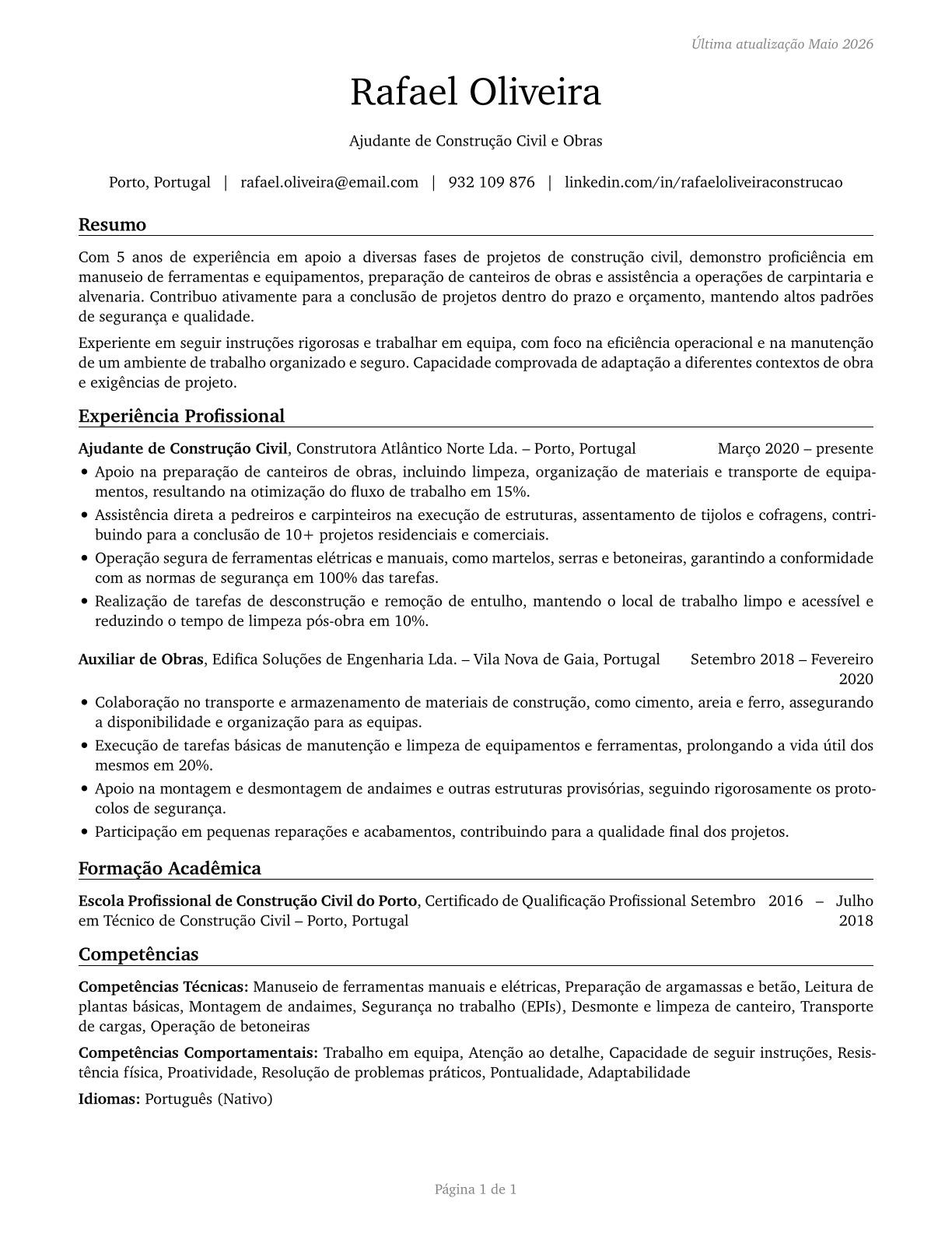 Helpers, Construction Trades, All Other CV in Portuguese — page 1