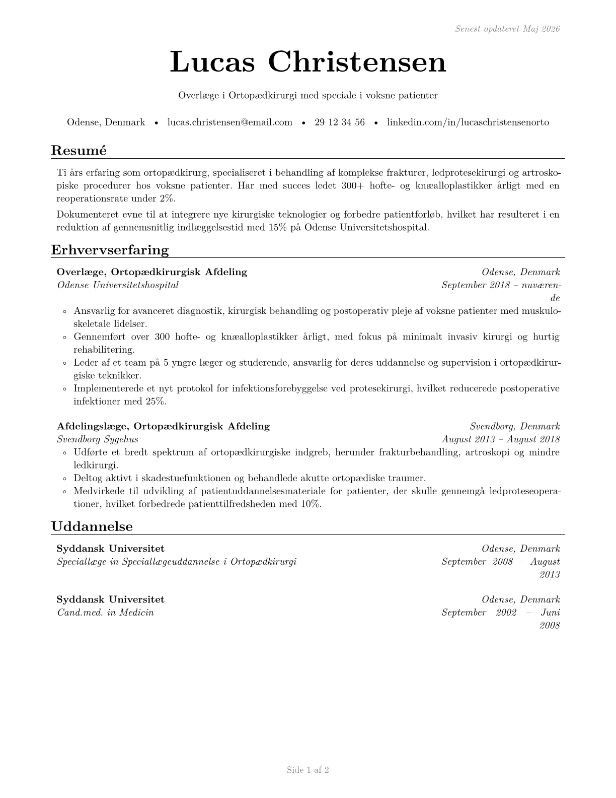 Orthopedic Surgeons, Except Pediatric CV in Danish — page 1