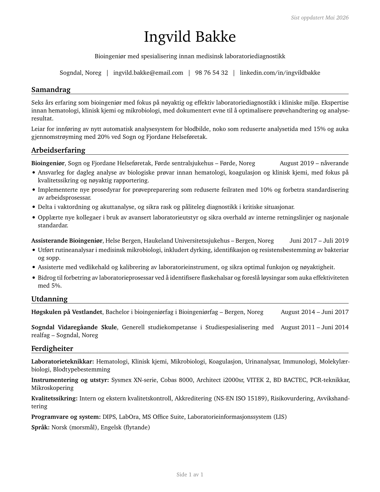 Medical and Clinical Laboratory Technicians CV in Norwegian_nynorsk — page 1