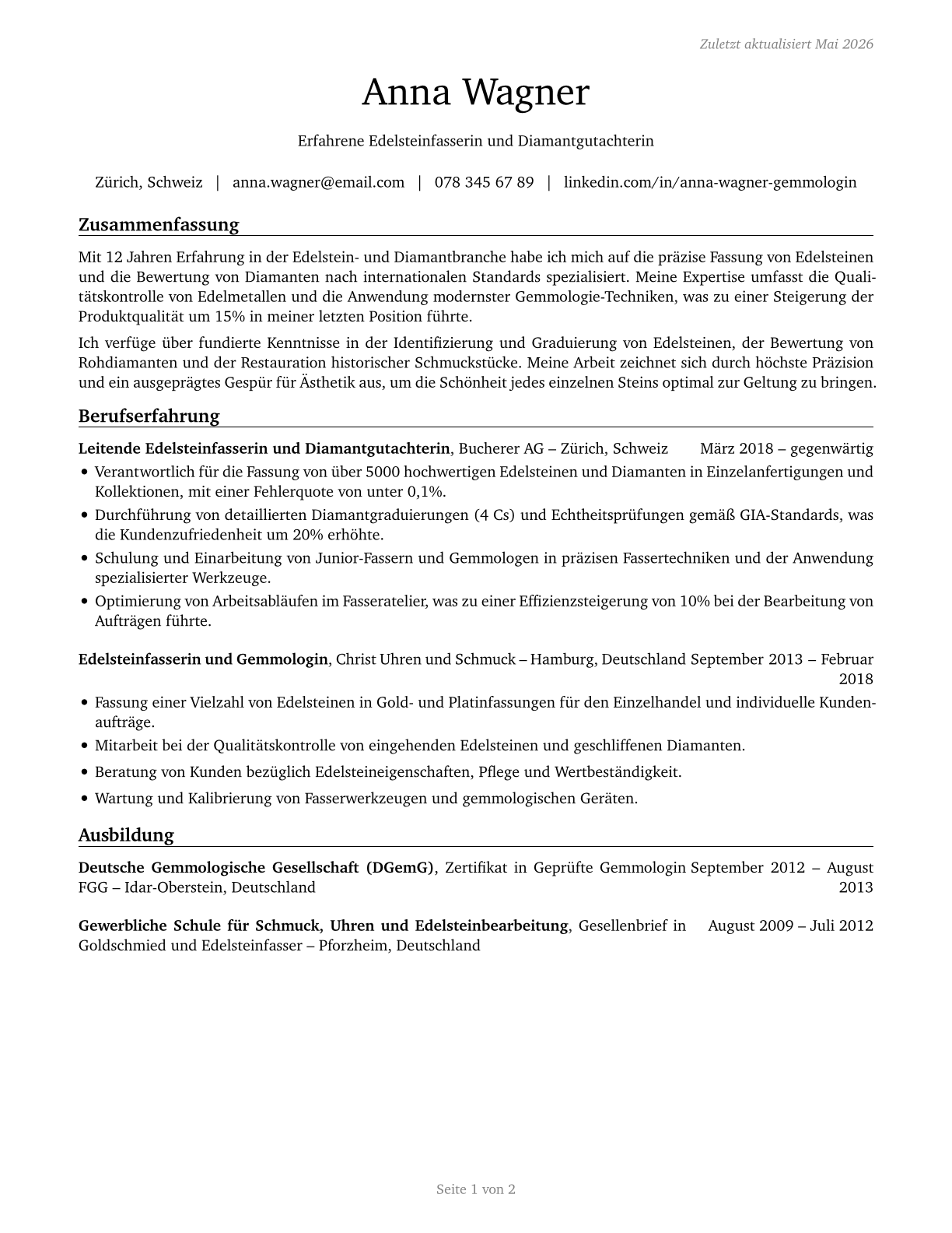 Gem and Diamond Workers CV in German — page 1