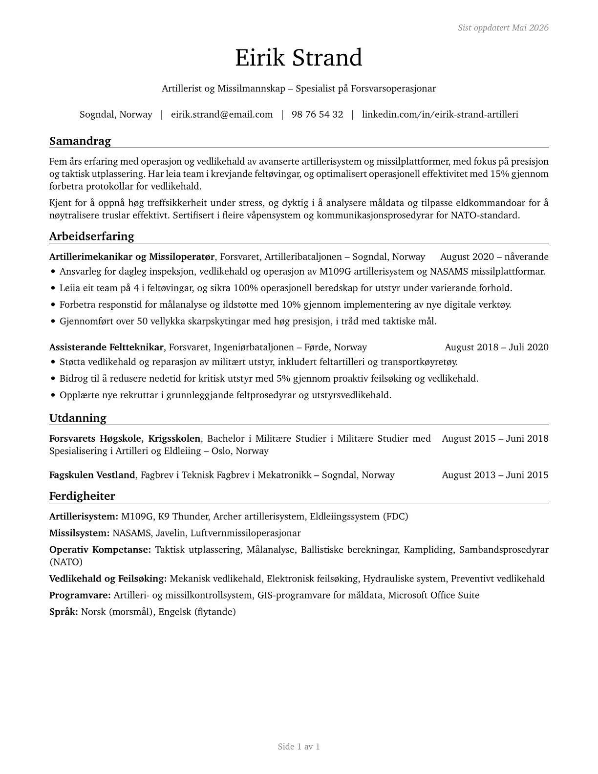 Artillery and Missile Crew Members CV in Norwegian_nynorsk — page 1