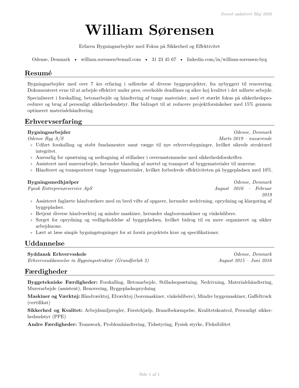 Construction Laborers CV in Danish — page 1