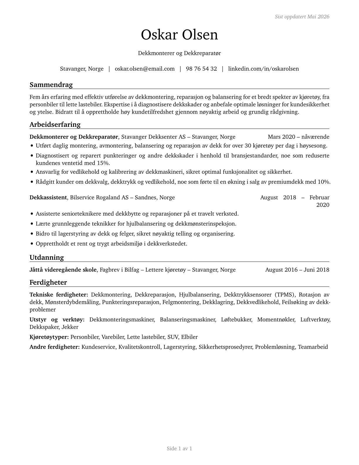 Tire Repairers and Changers CV in Norwegian_bokmal — page 1