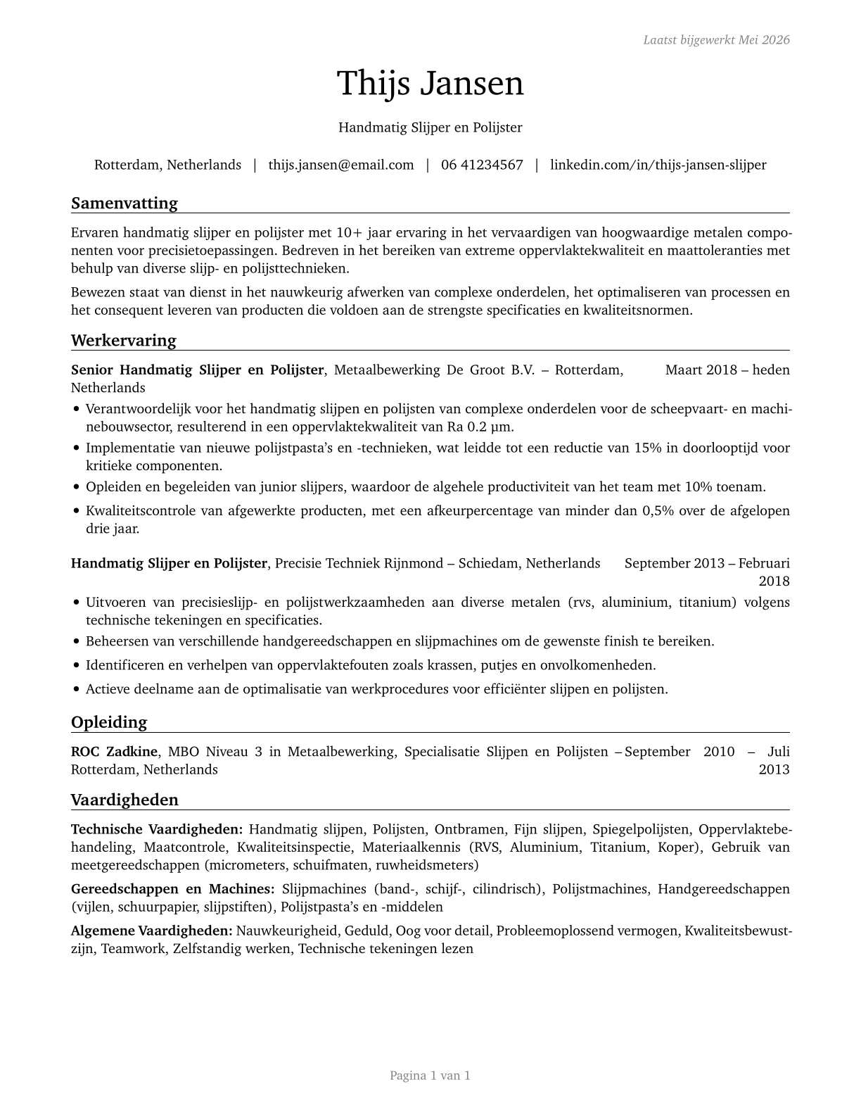 Grinding and Polishing Workers, Hand CV in Dutch — page 1