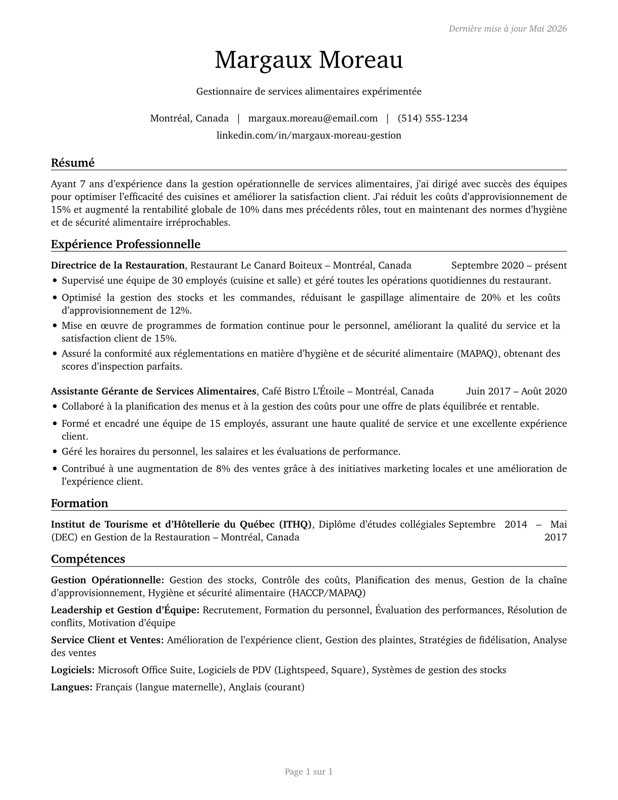 Food Service Managers CV in French — page 1