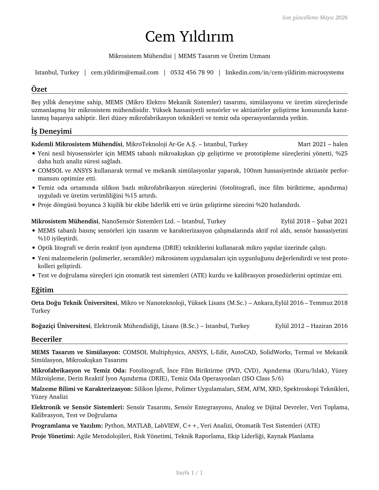 Microsystems Engineers CV in Turkish — page 1