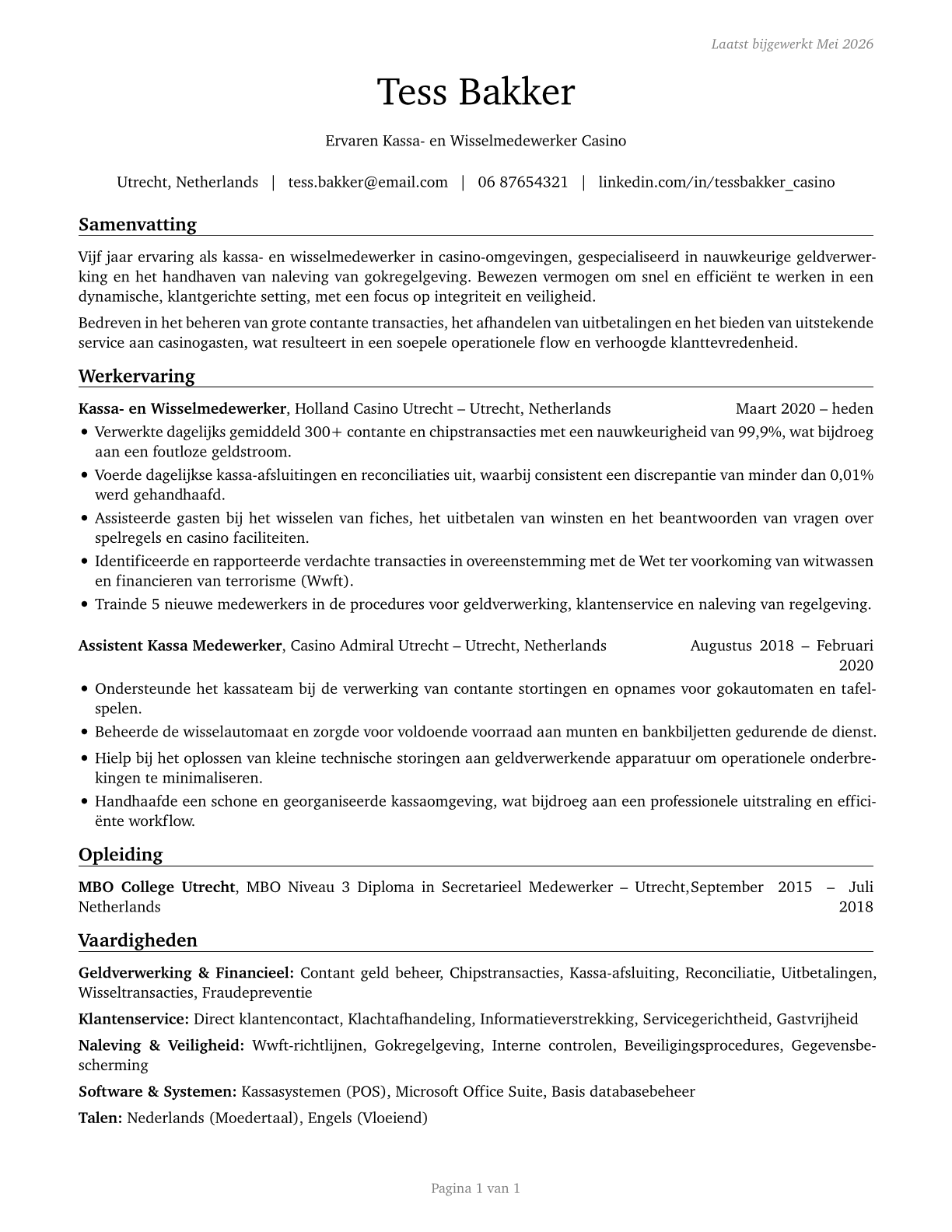 Gambling Change Persons and Booth Cashiers CV in Dutch — page 1