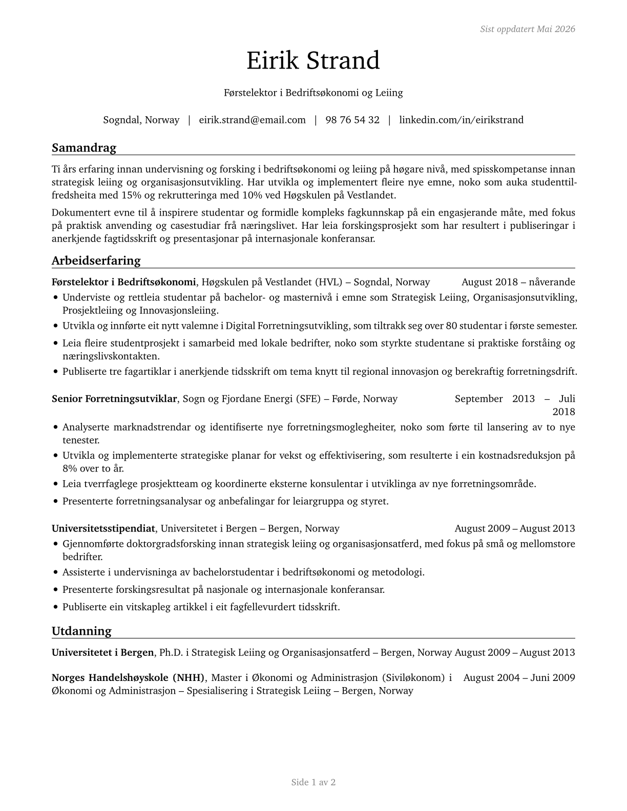 Business Teachers, Postsecondary CV in Norwegian_nynorsk — page 1